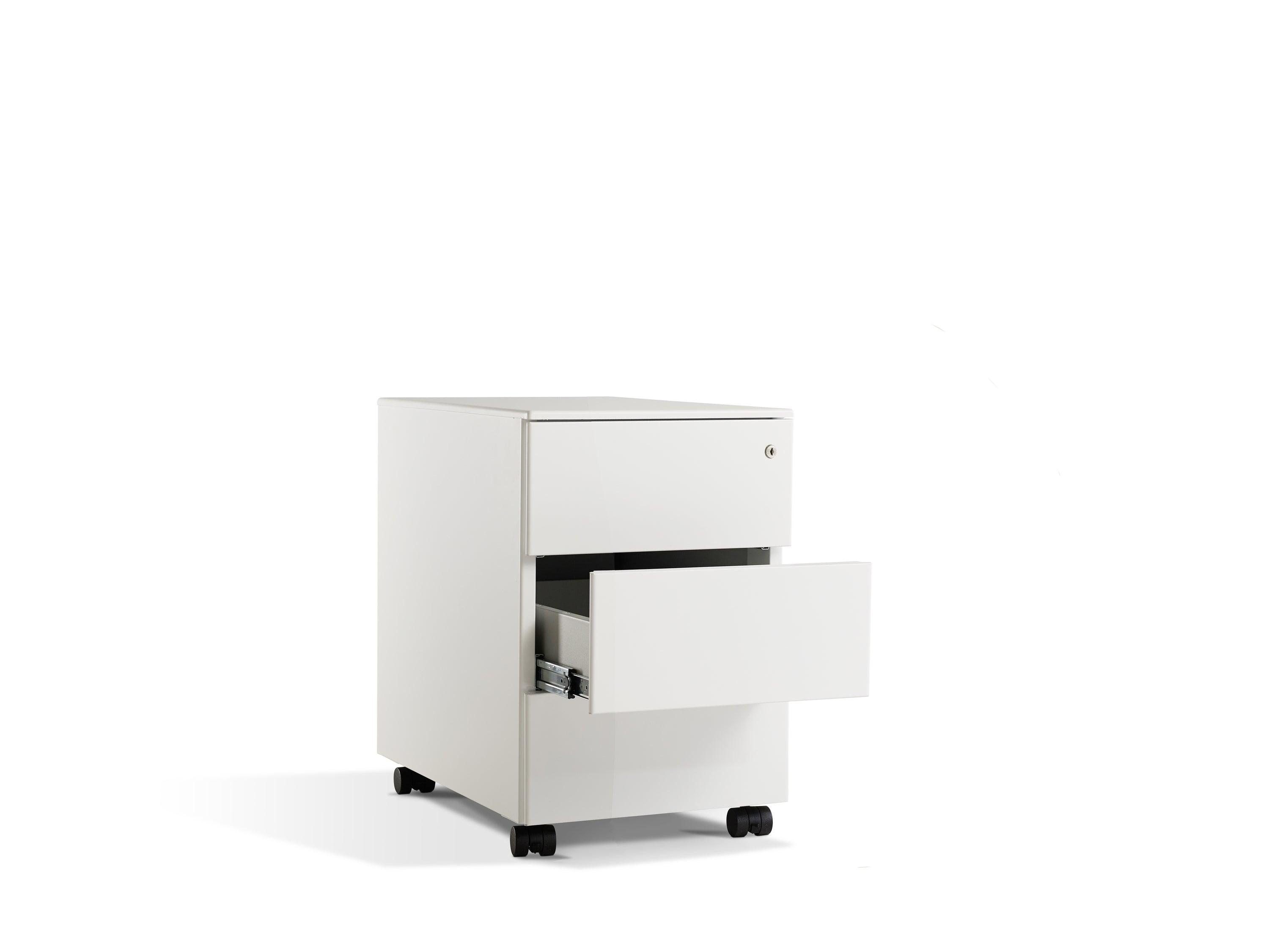 a white cabinet with a drawer on wheels