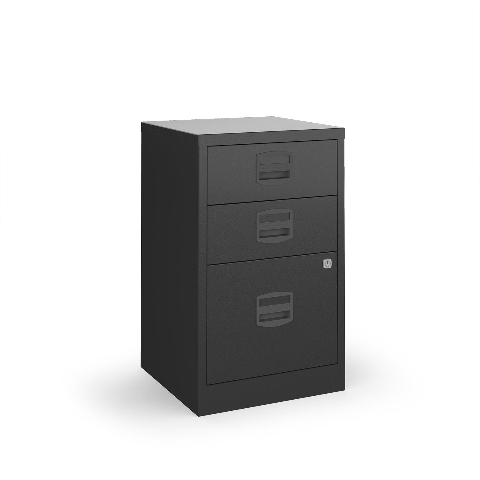 a black filing cabinet with two drawers