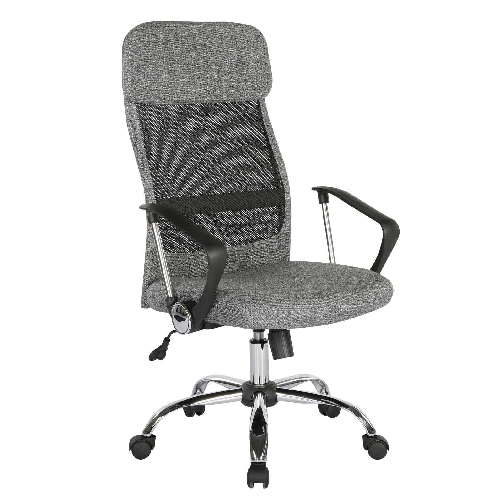 a gray office chair with chrome base and arms