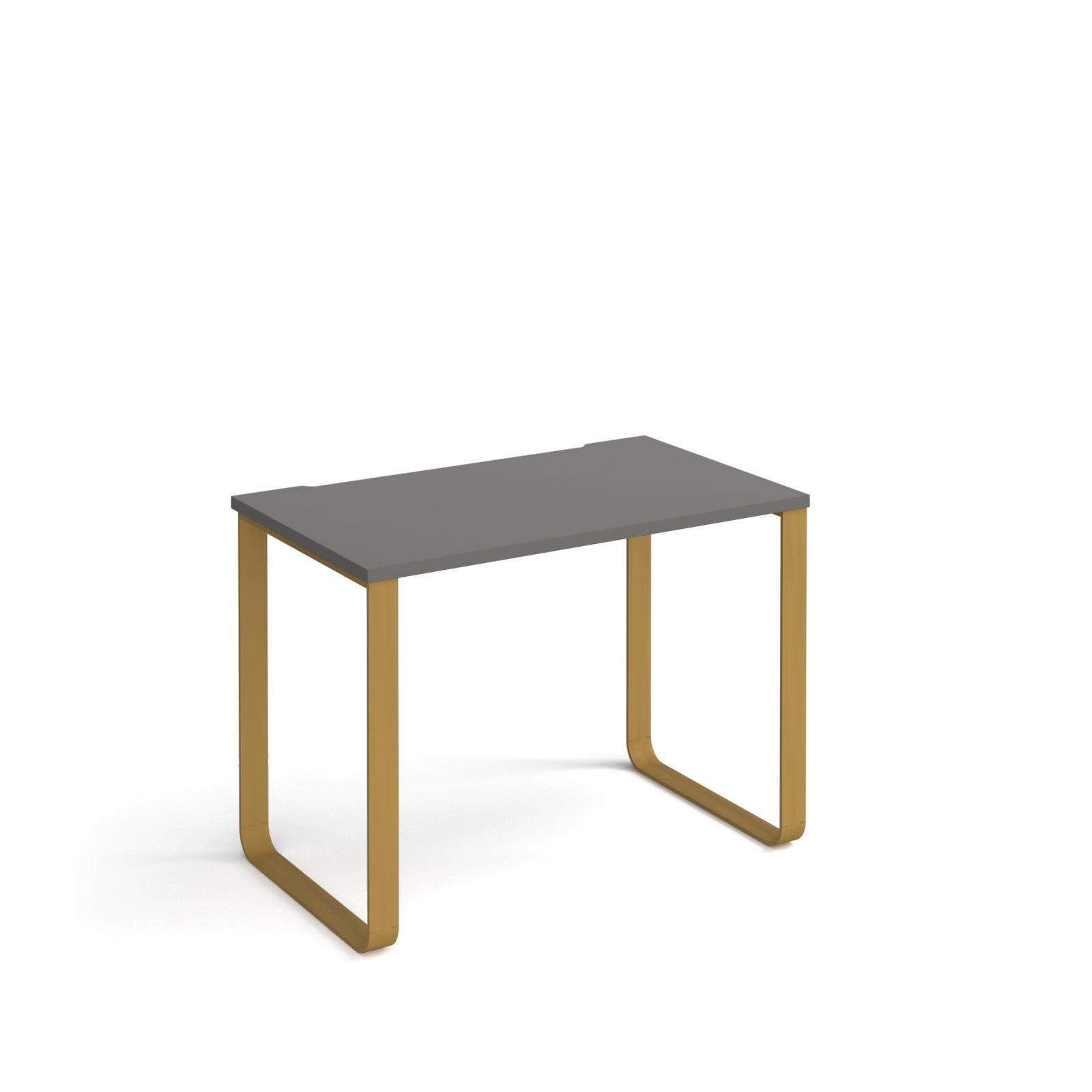 a table with a metal frame and a black top