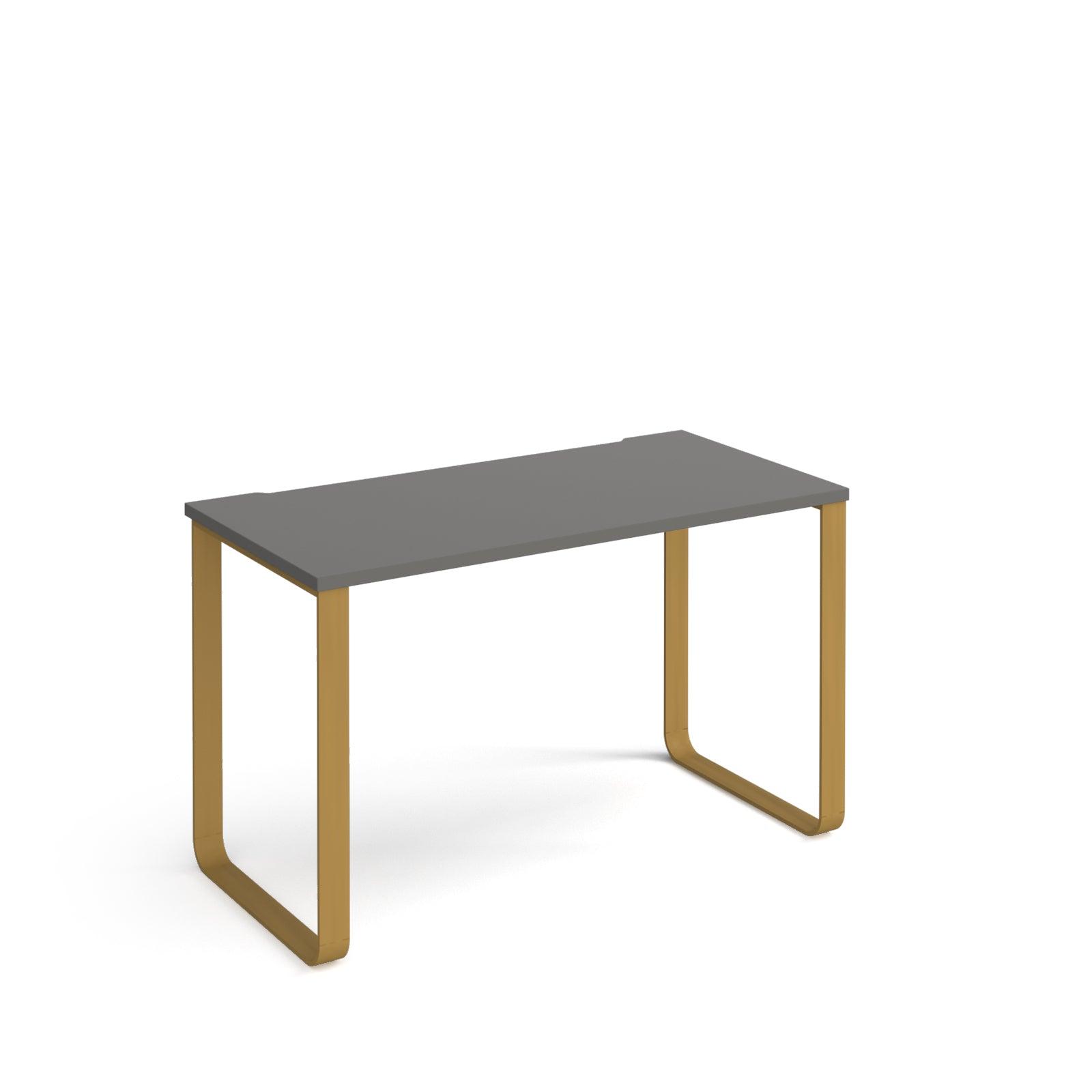 a table with a metal frame and a grey top