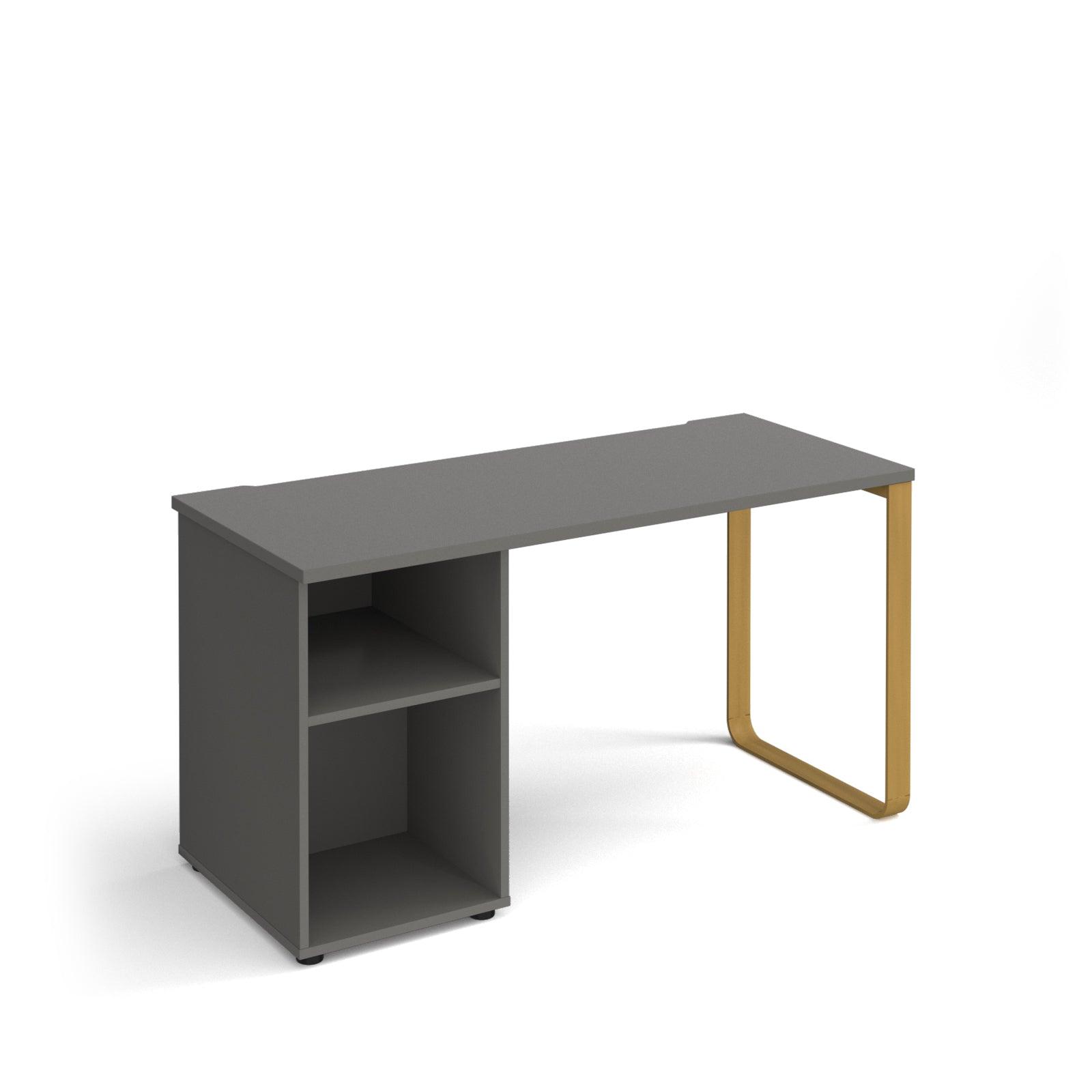 a grey desk with a gold metal frame