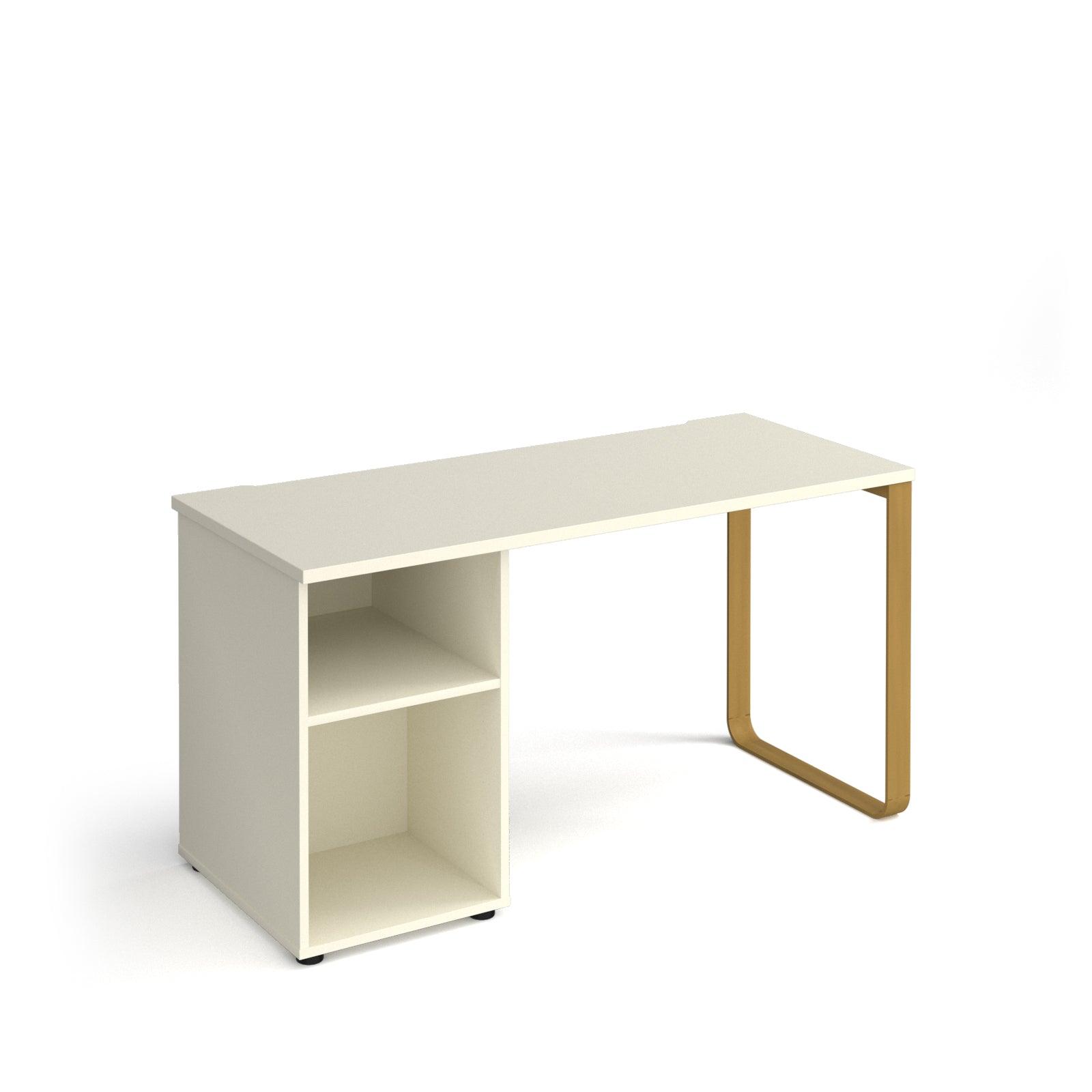 a white desk with a shelf underneath it