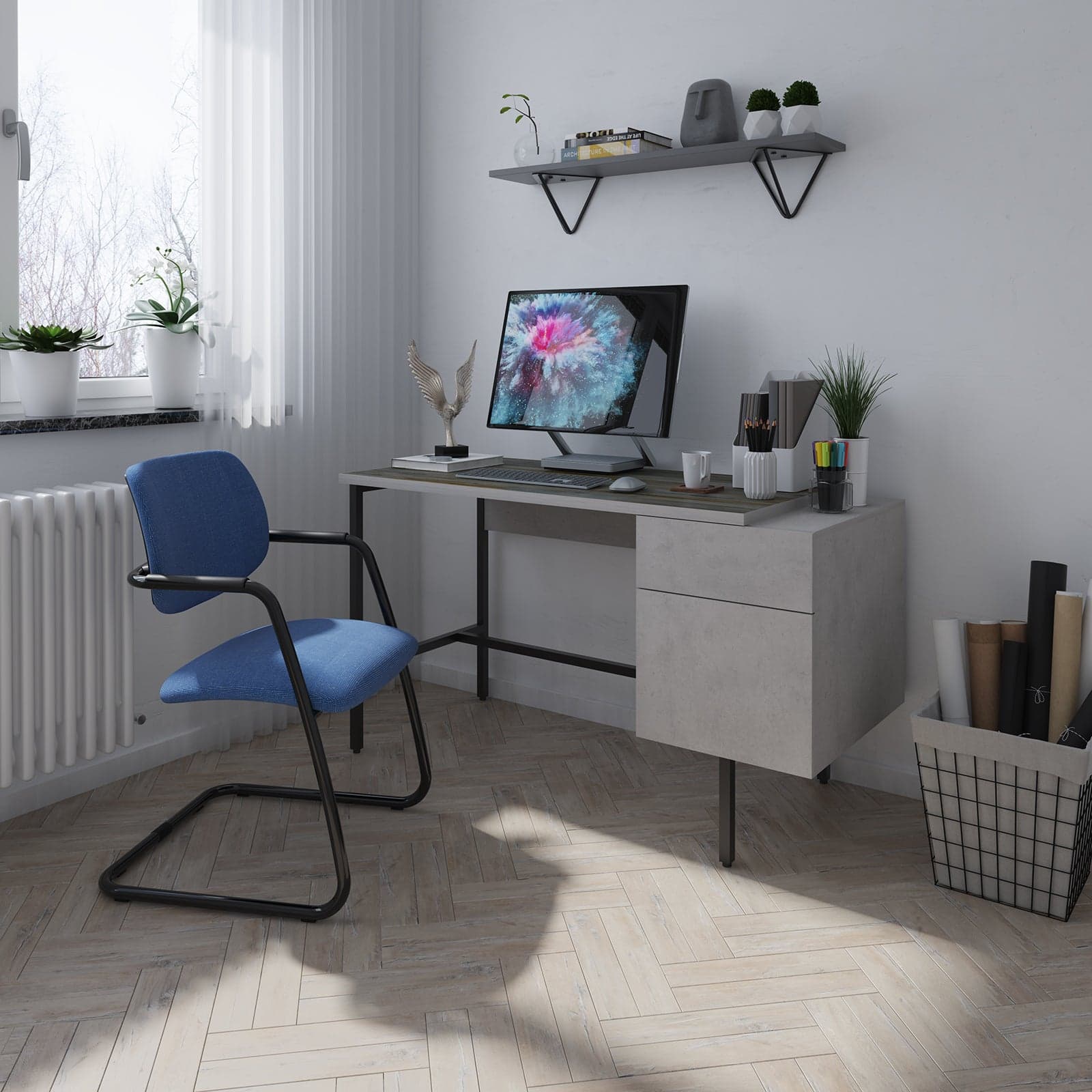 a computer desk with a monitor and a blue chair