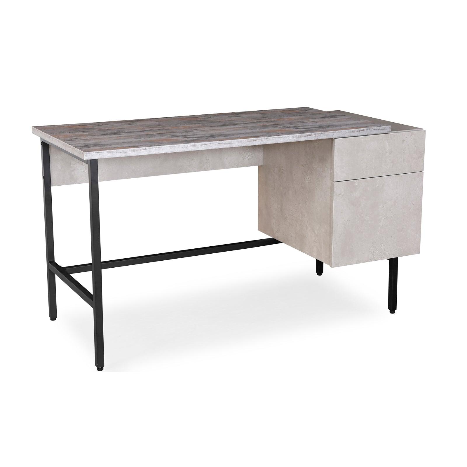 a desk with two drawers and a metal frame