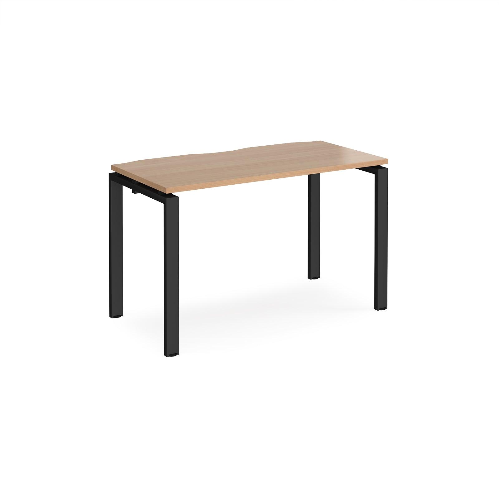 a wooden table with black legs on a white background