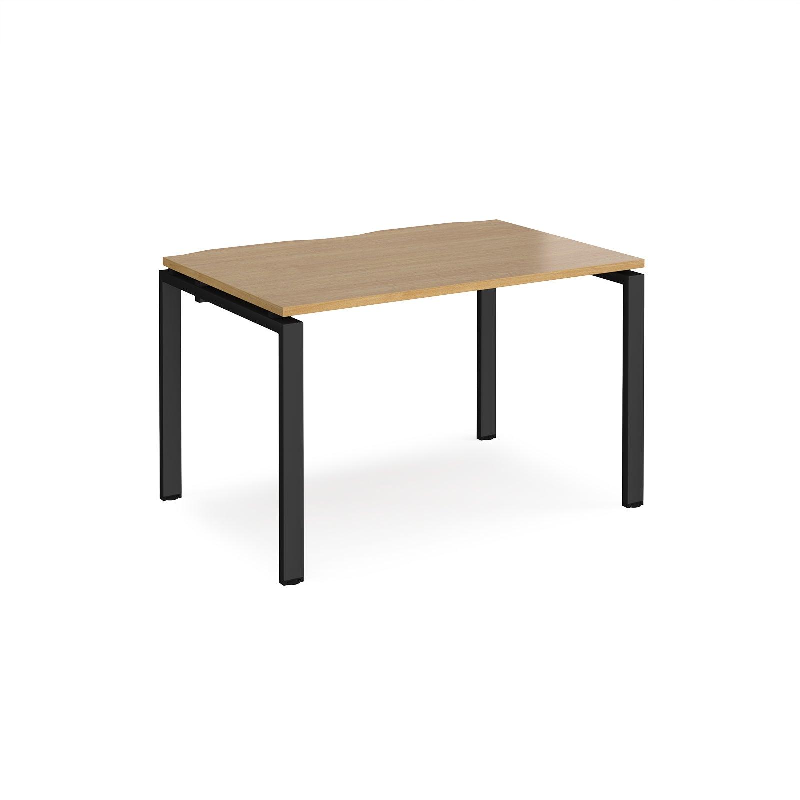 a wooden table with black legs on a white background