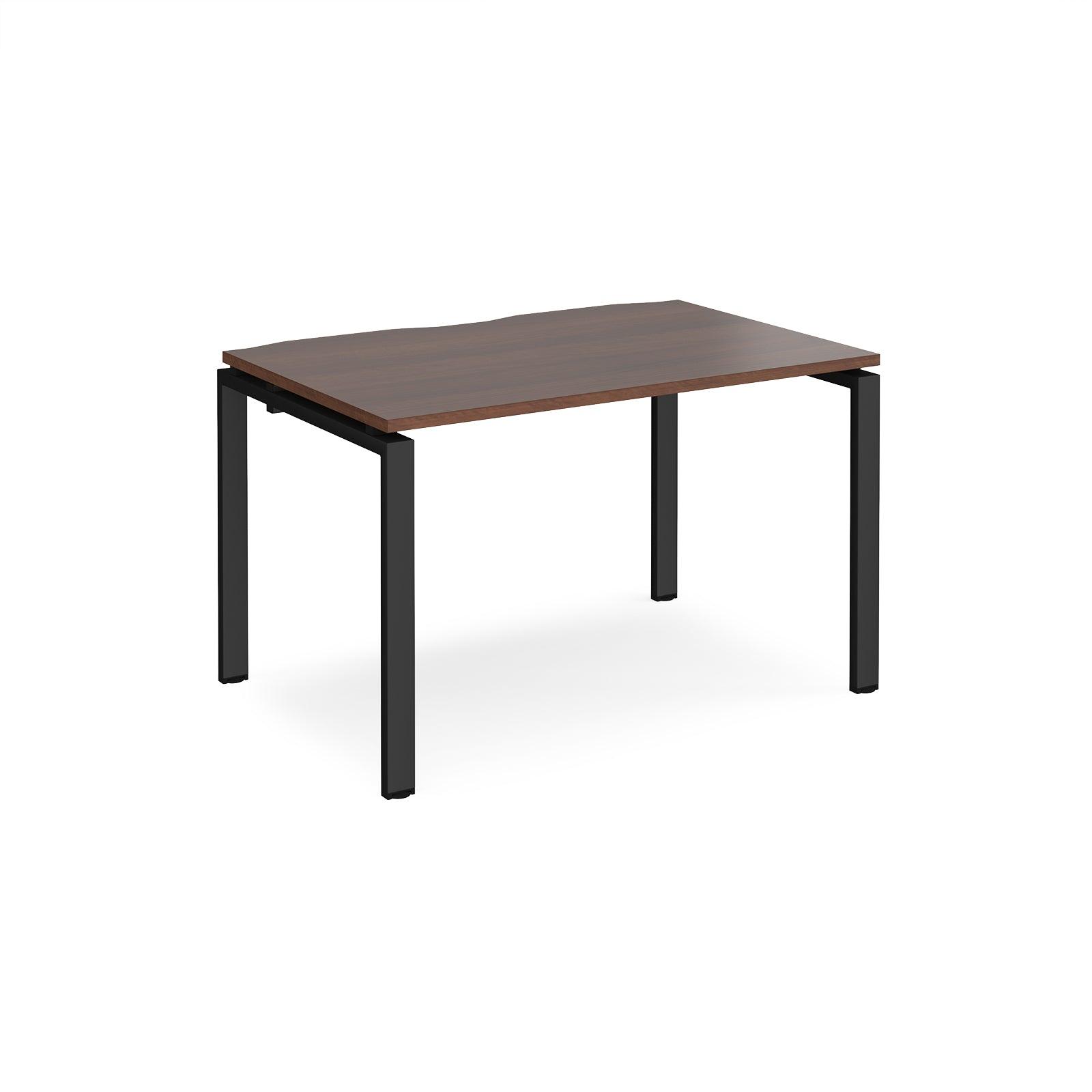 a wooden table with black legs on a white background