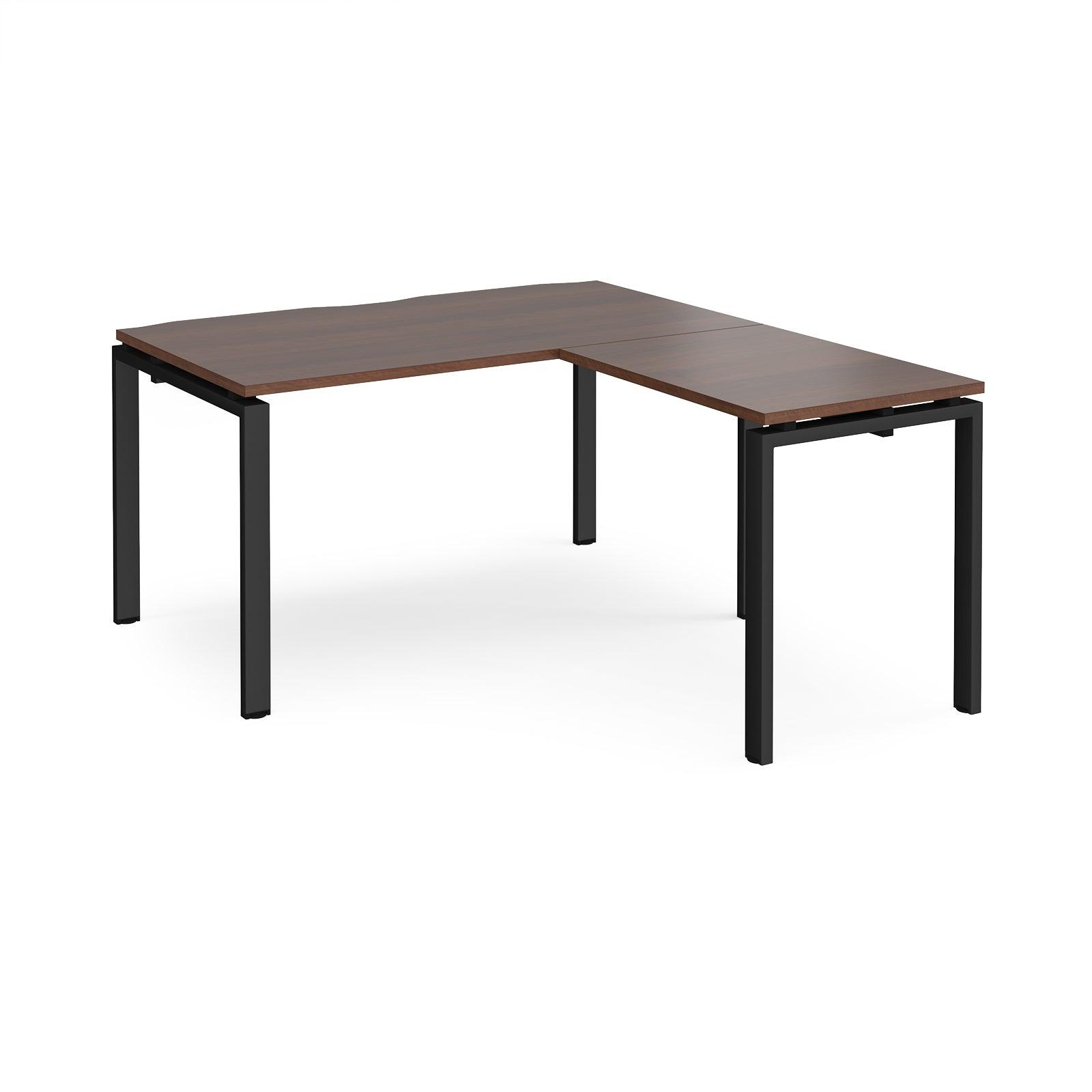 a desk with a wooden top and black legs