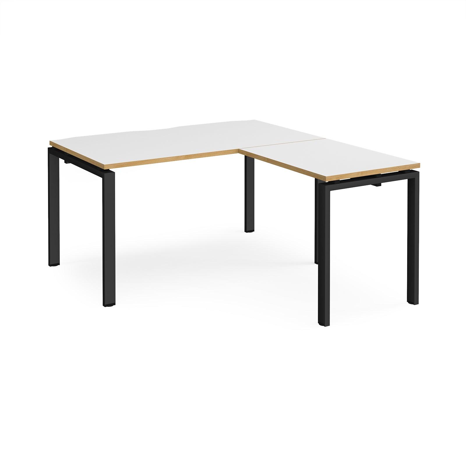 a white table with black legs and a wooden top