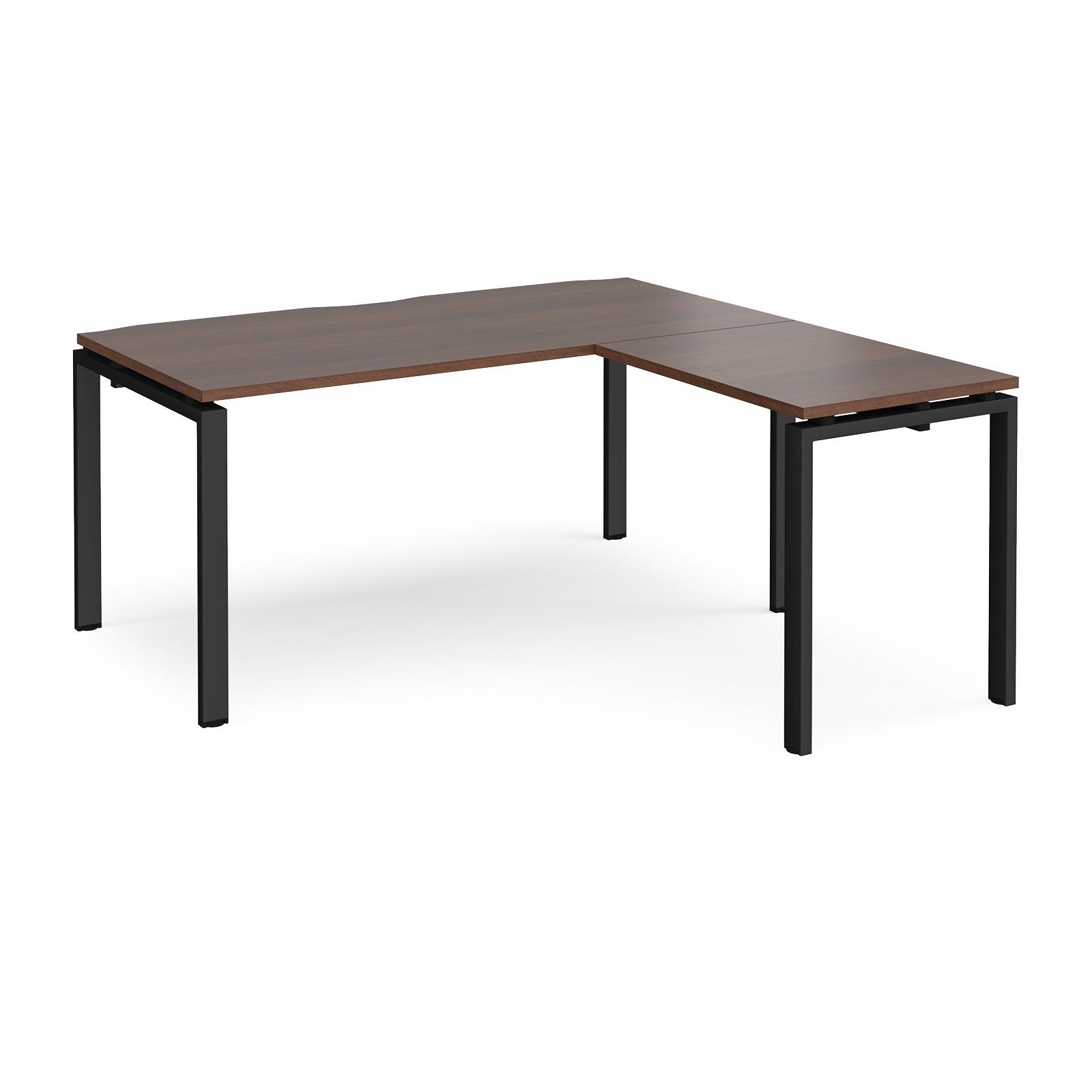 a desk with a wooden top and black legs