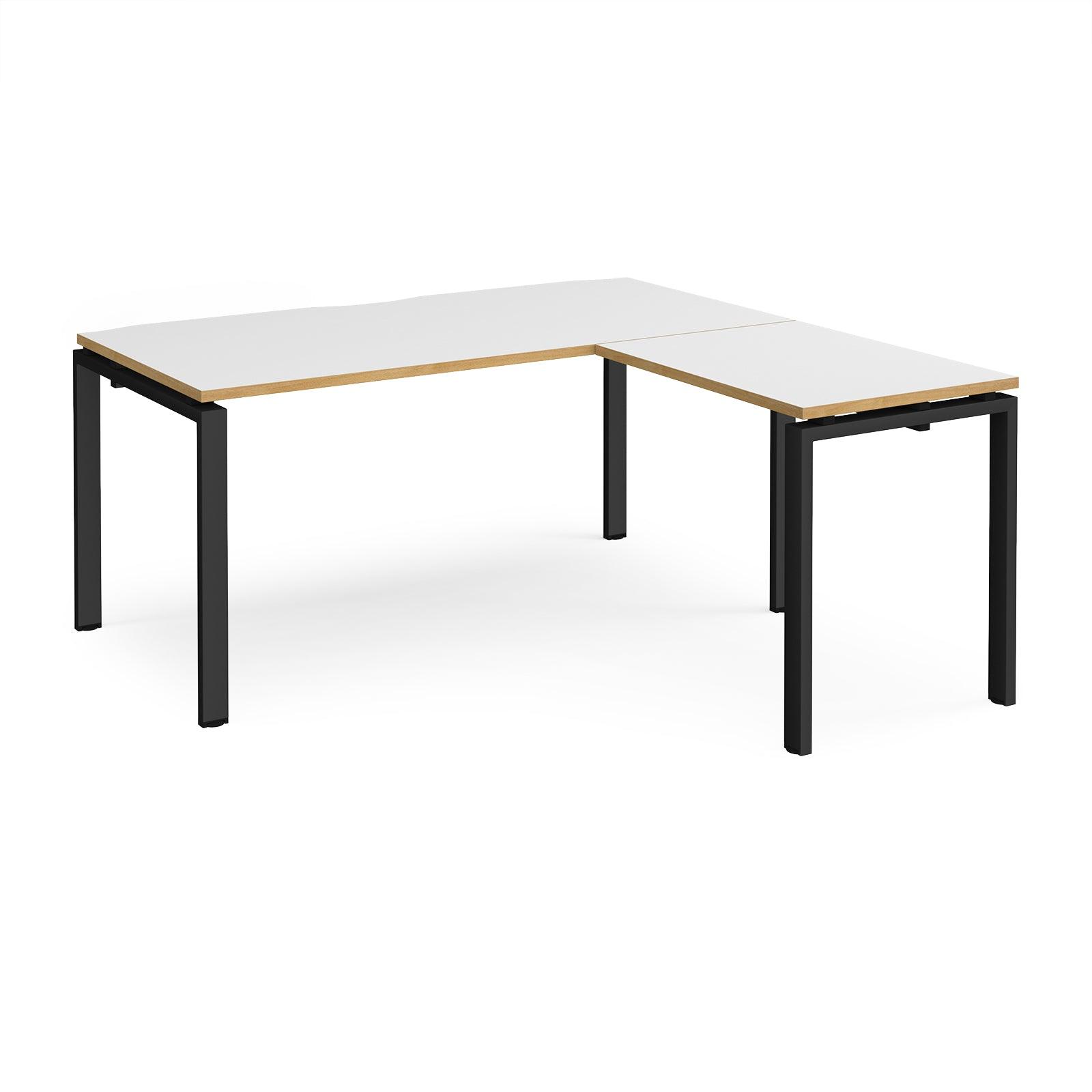 a white table with black legs and a wooden top