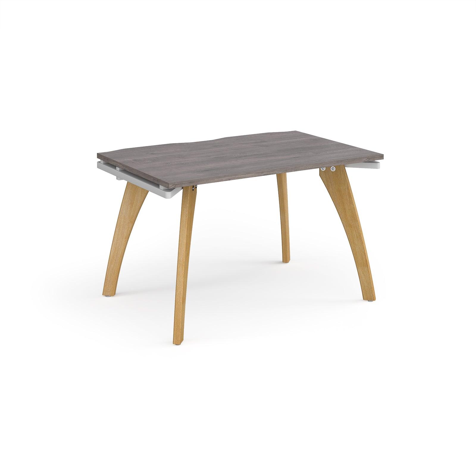 a wooden table with a grey top on a white background