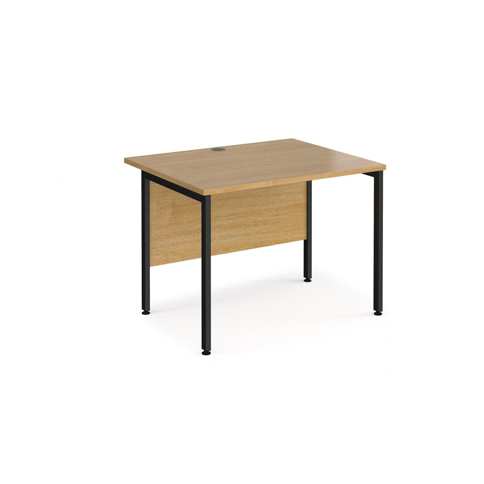 a desk with a wooden top and black legs