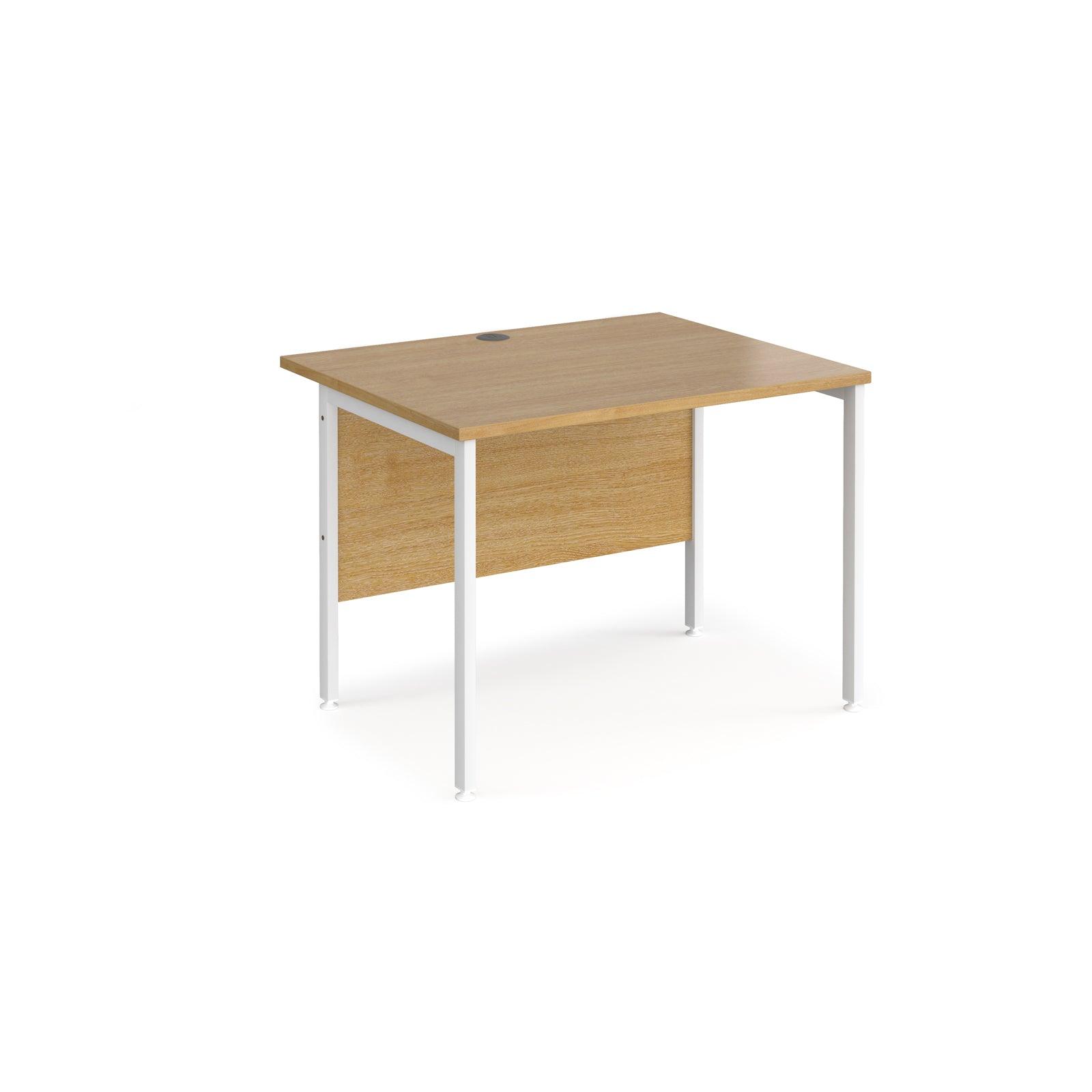 a desk with a wooden top and white legs