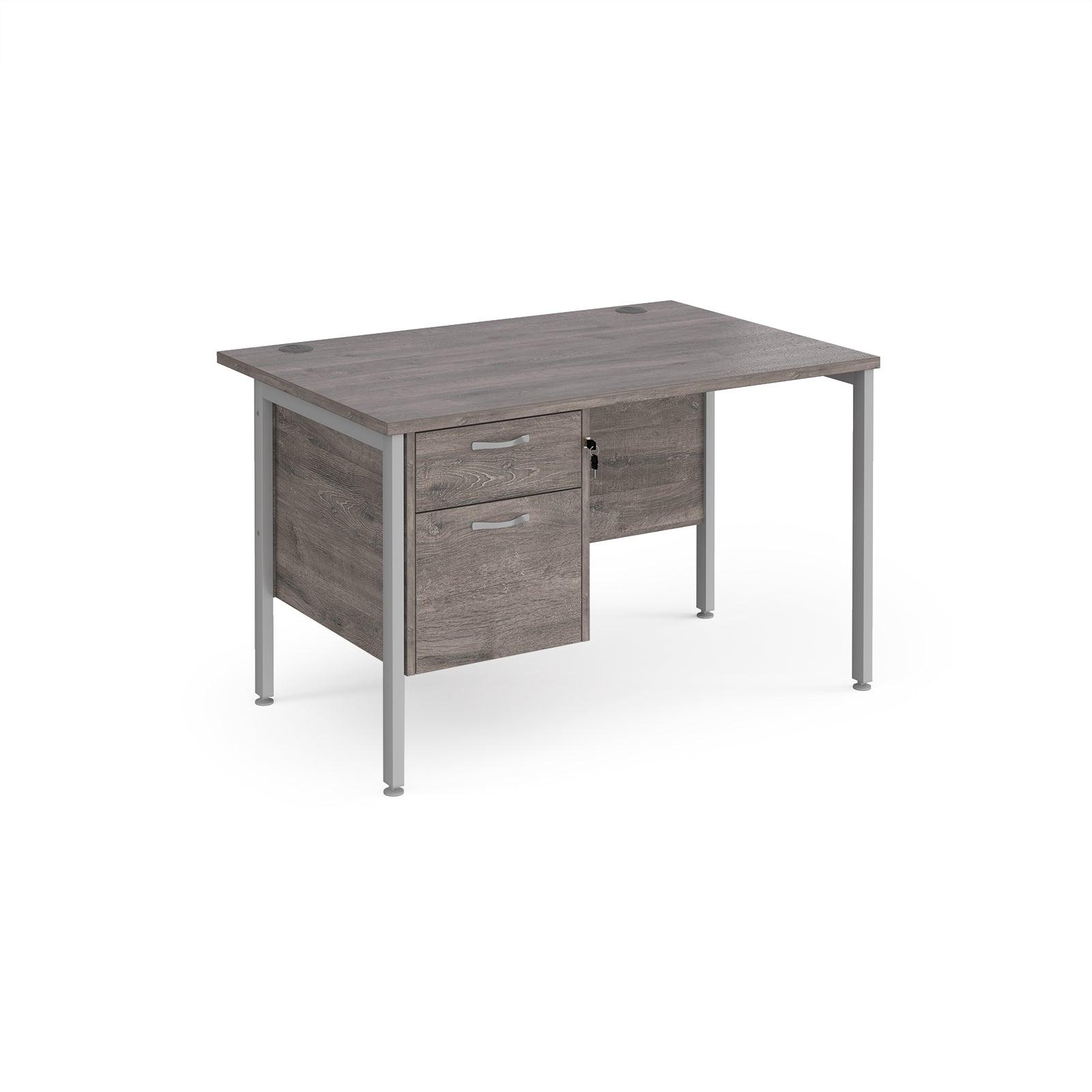 a desk with two drawers and a metal frame