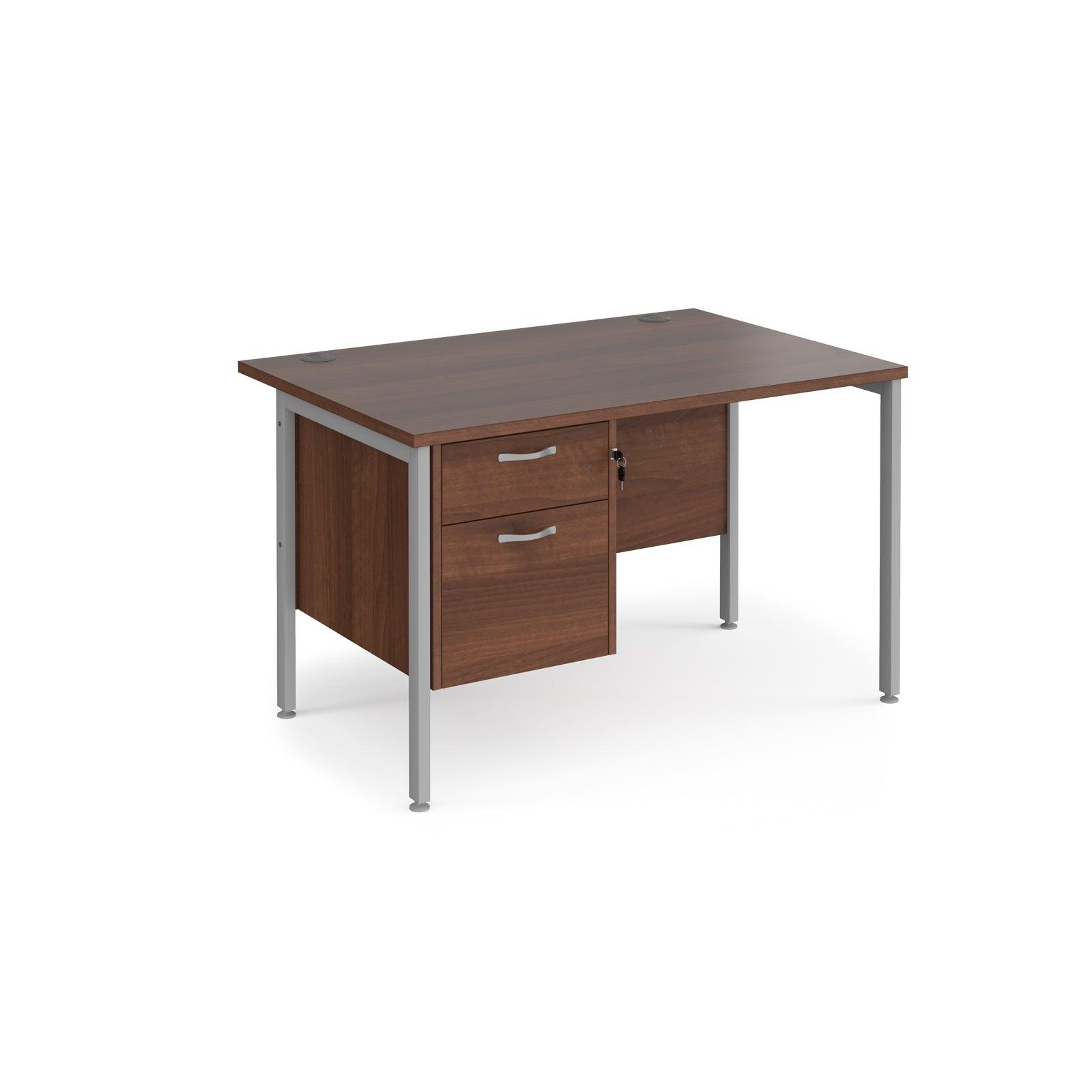 a desk with two drawers and a metal frame