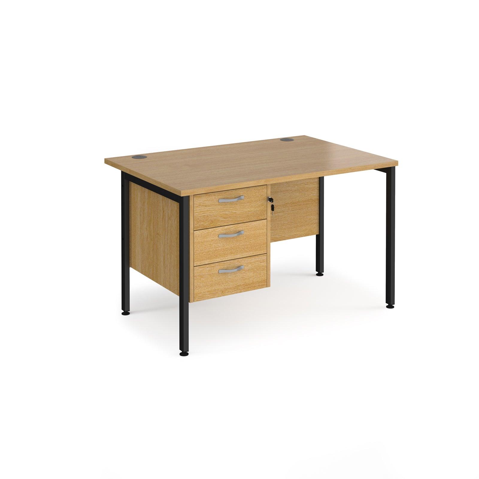 a wooden desk with two drawers and a black frame