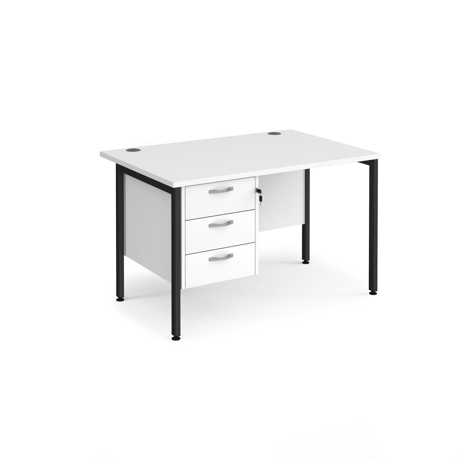 a white desk with two drawers and a black frame