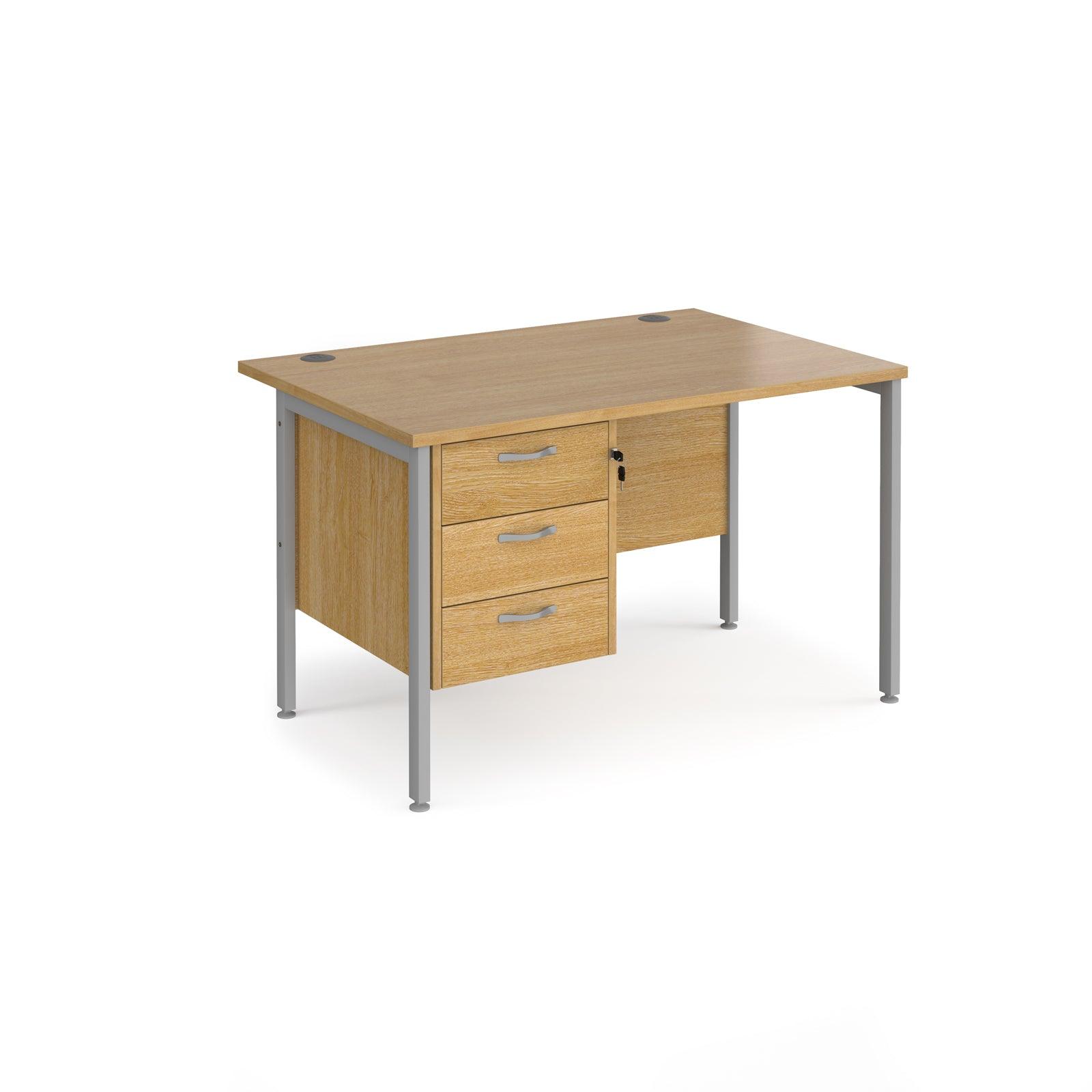 a wooden desk with two drawers and a metal frame