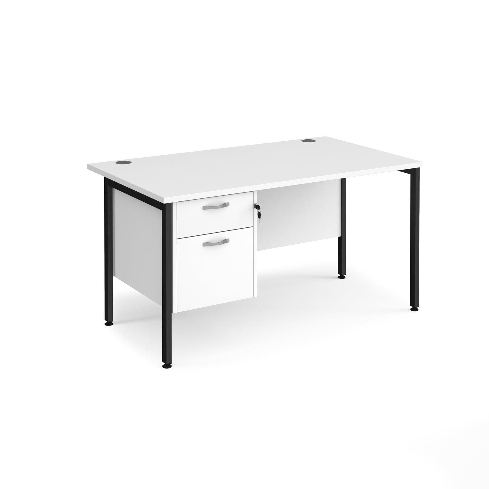 a white desk with two drawers and a black frame