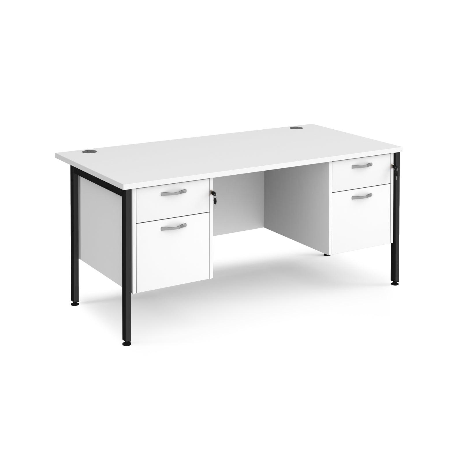 a white desk with two drawers and a black frame