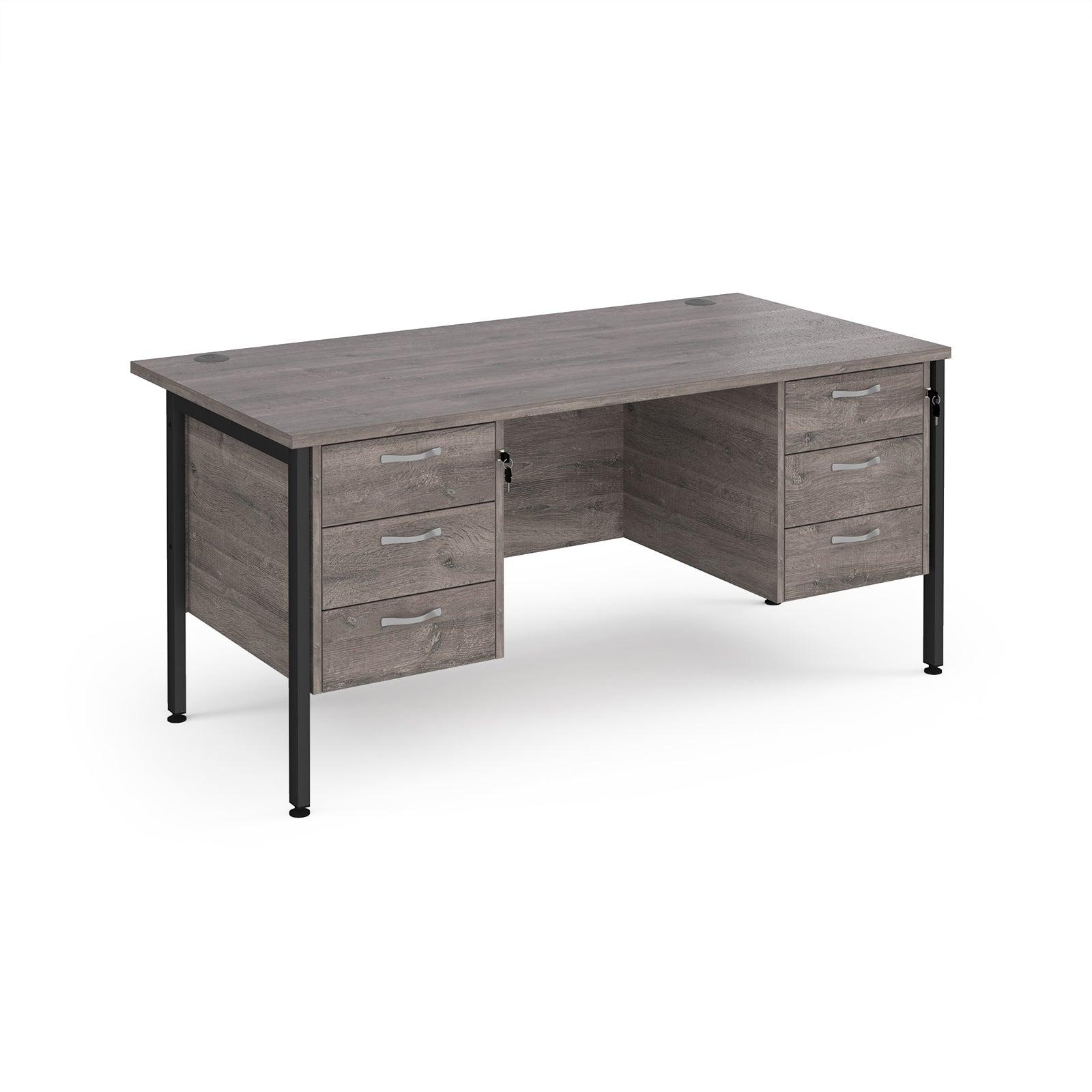 an office desk with two drawers and a metal frame