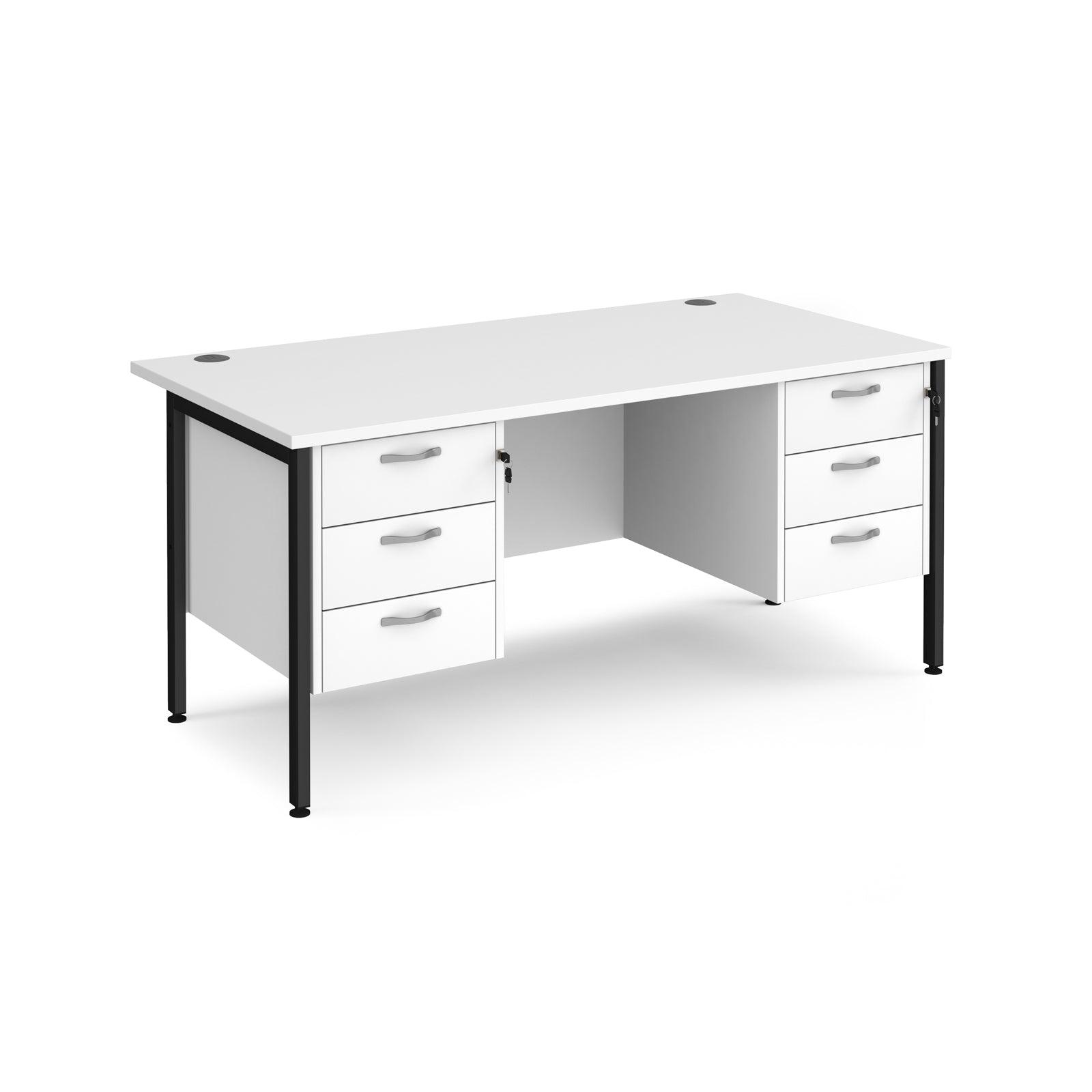 a white desk with two drawers and a black frame