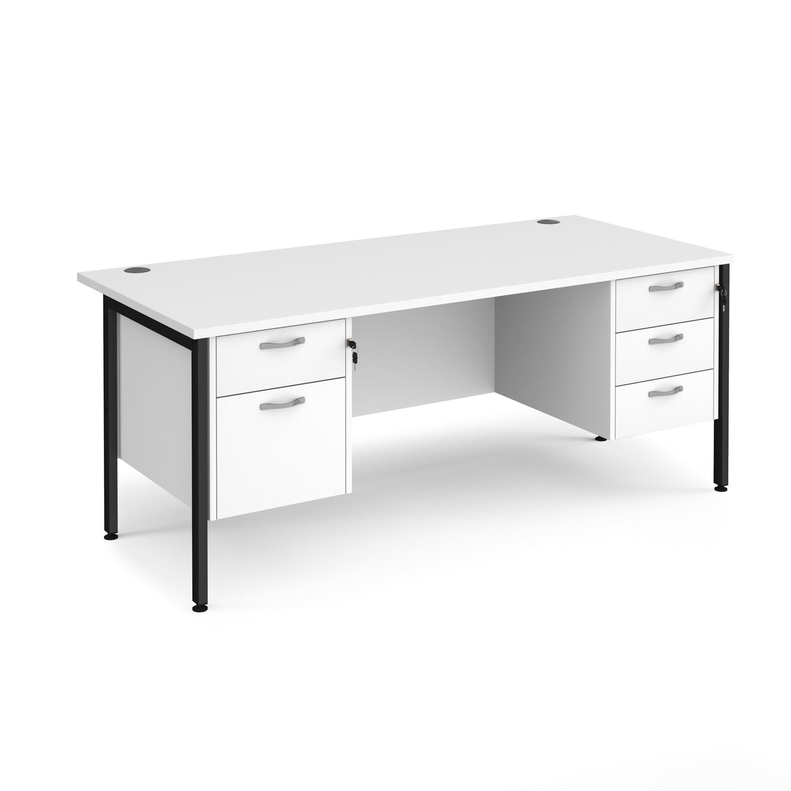 a white desk with two drawers and a black frame