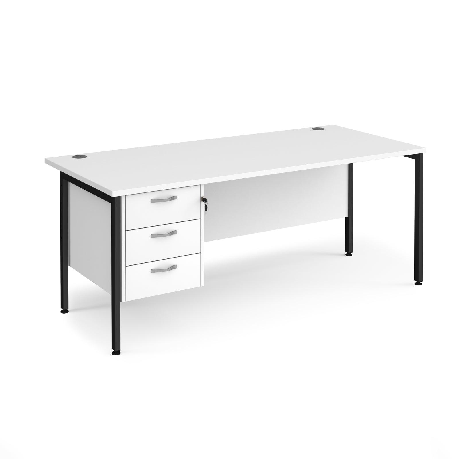 a white desk with two drawers and a black frame