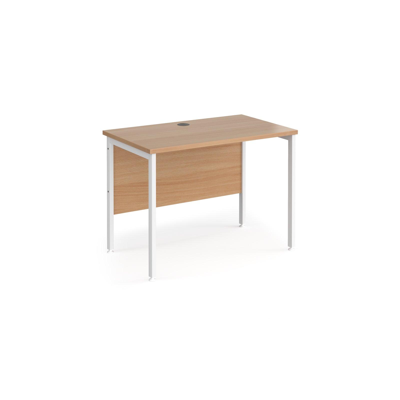 a desk with a white frame and a wooden desk top