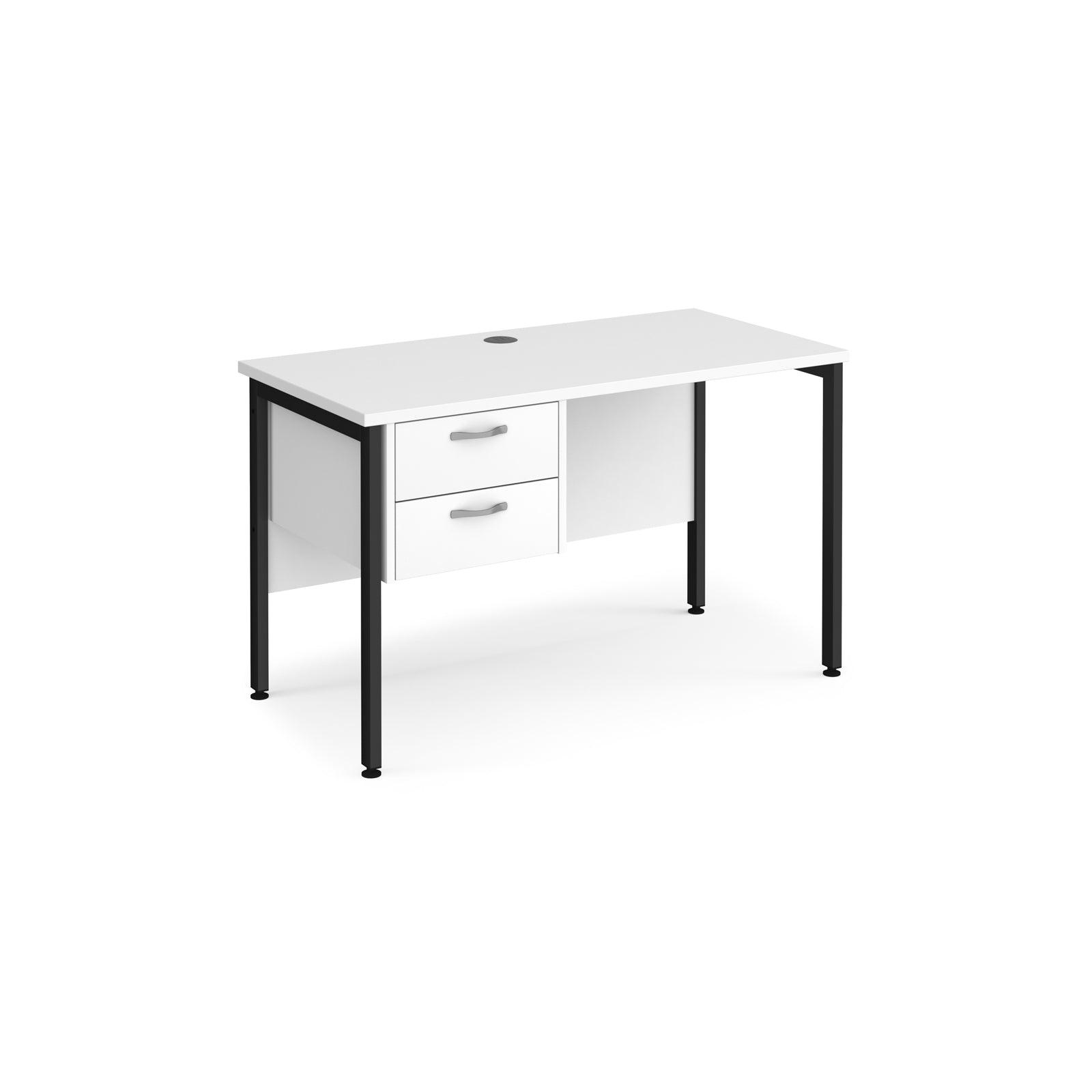 a white desk with two drawers and a black frame