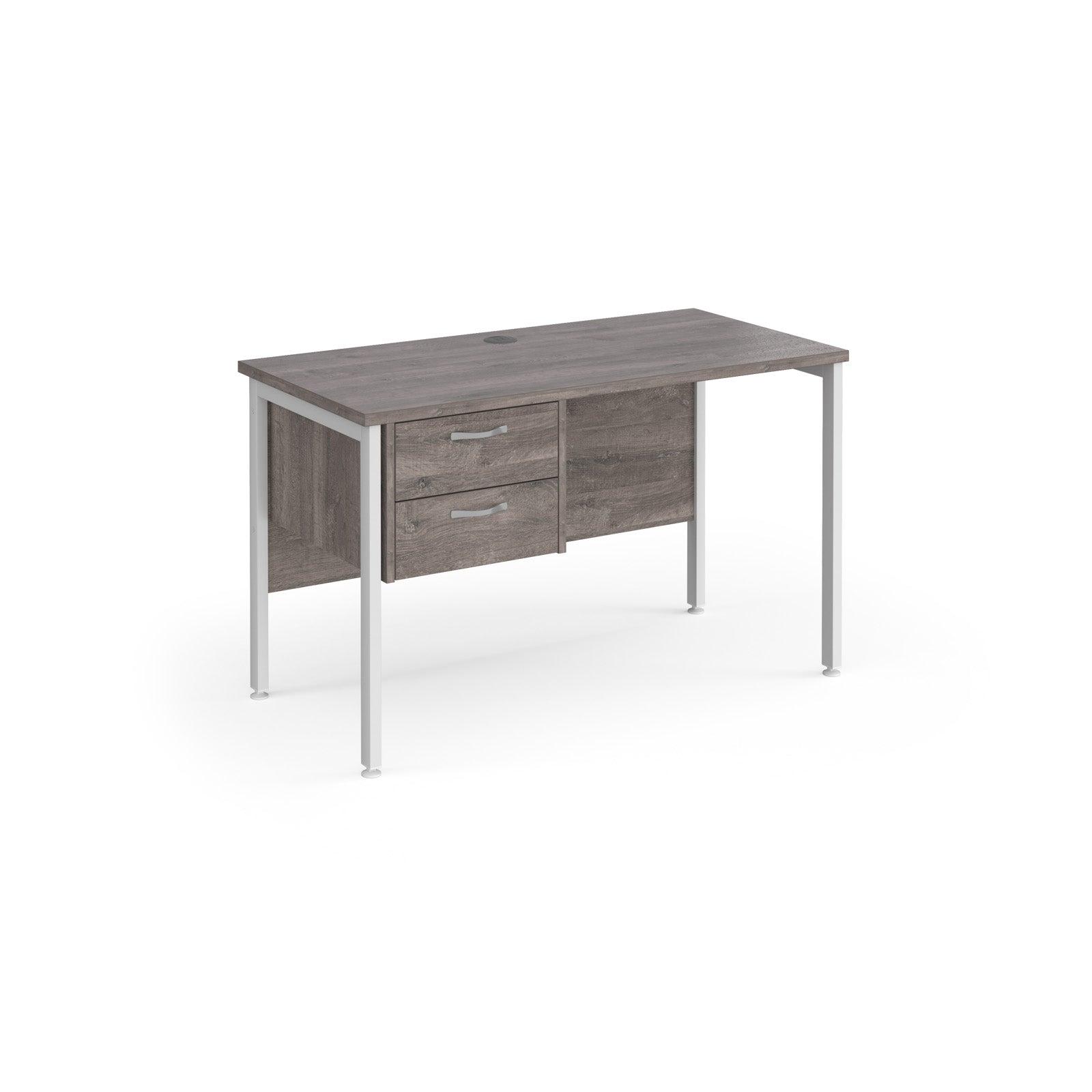 a desk with two drawers and a metal frame