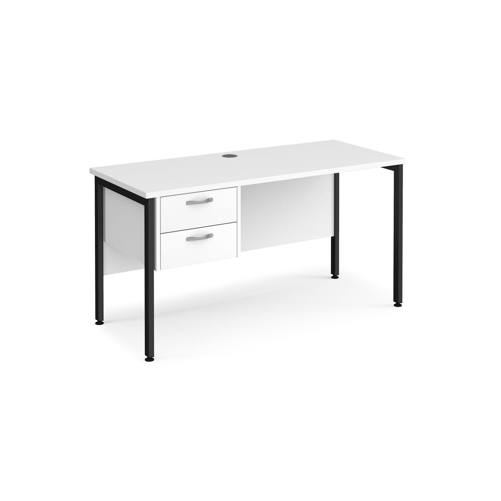 a white desk with two drawers and a black frame