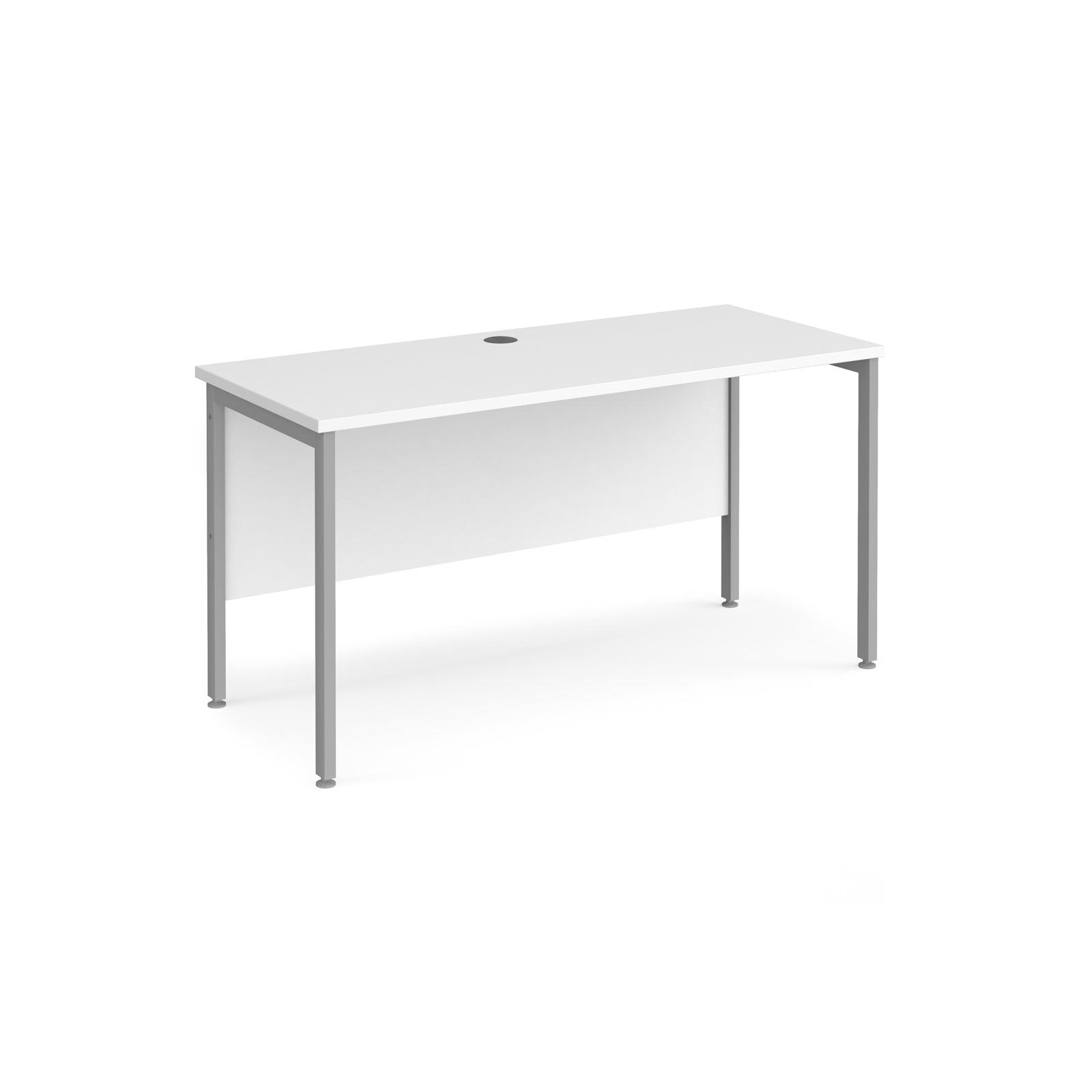 a white desk with a white top and silver legs