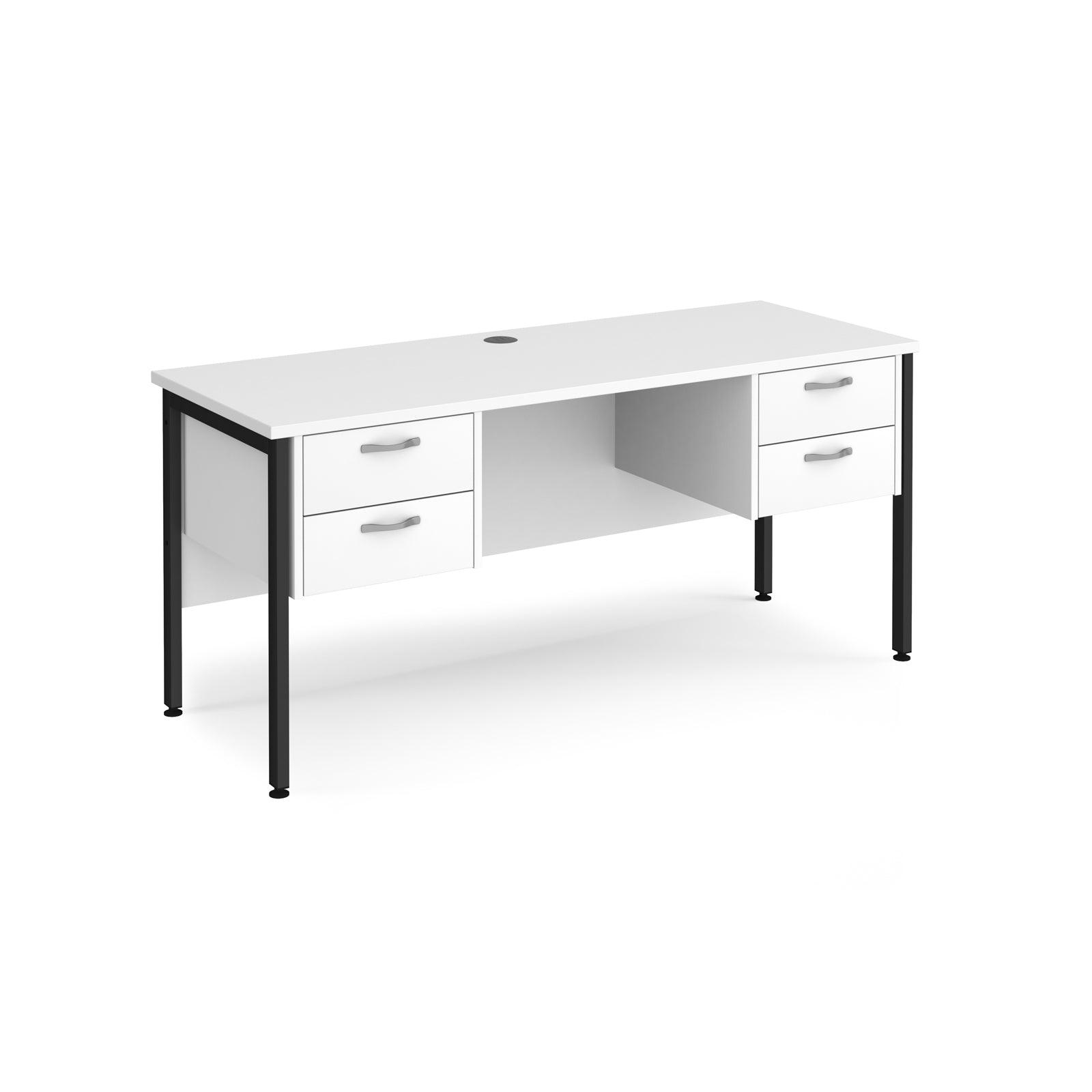 a white desk with two drawers and a black frame