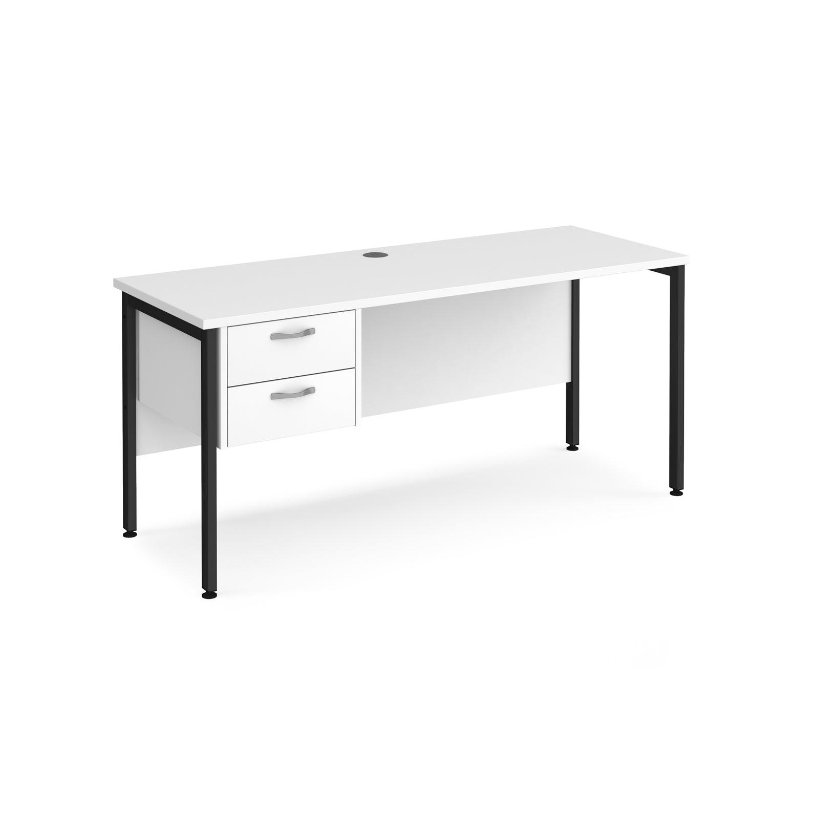 a white desk with two drawers and a black frame