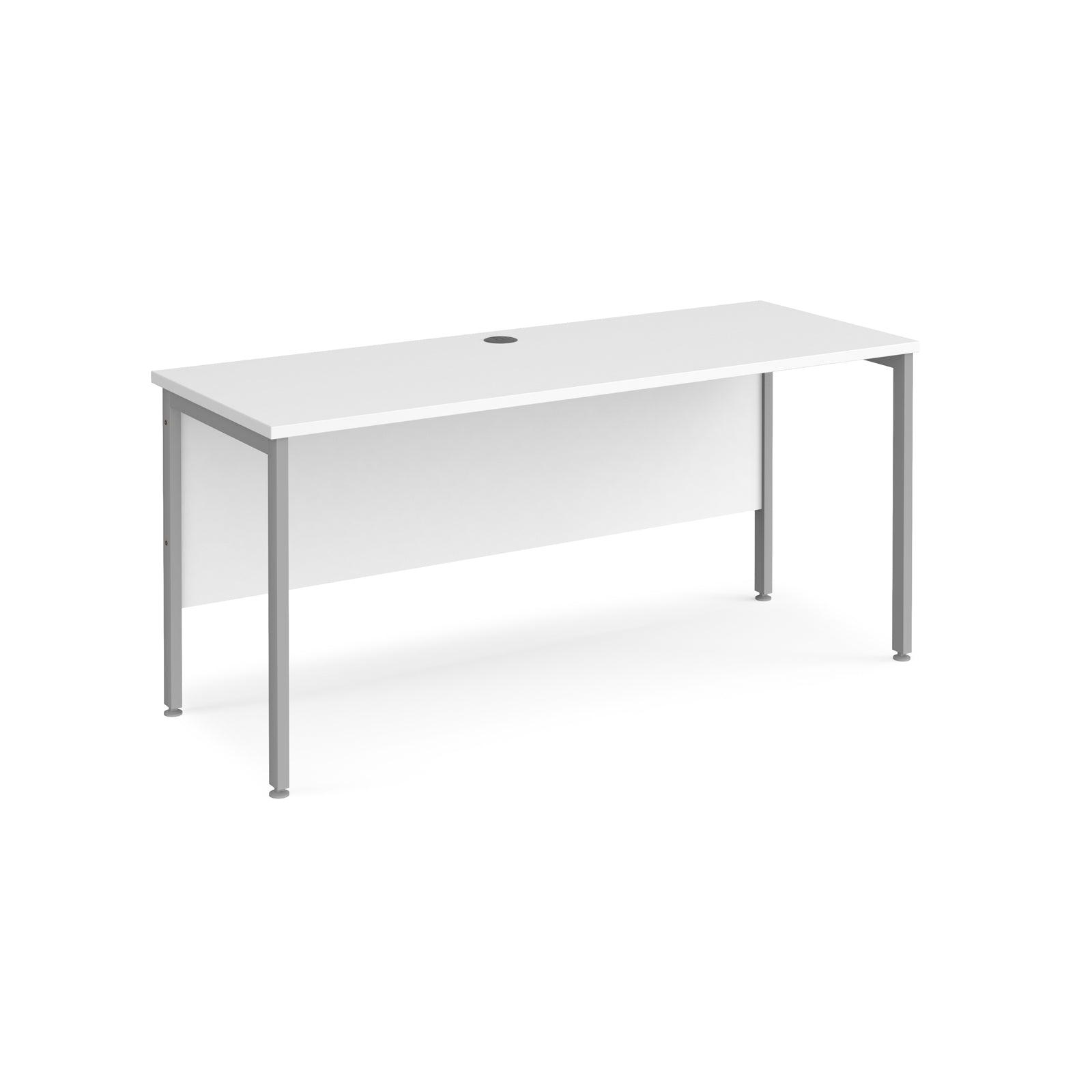 a white desk with a white top and silver legs