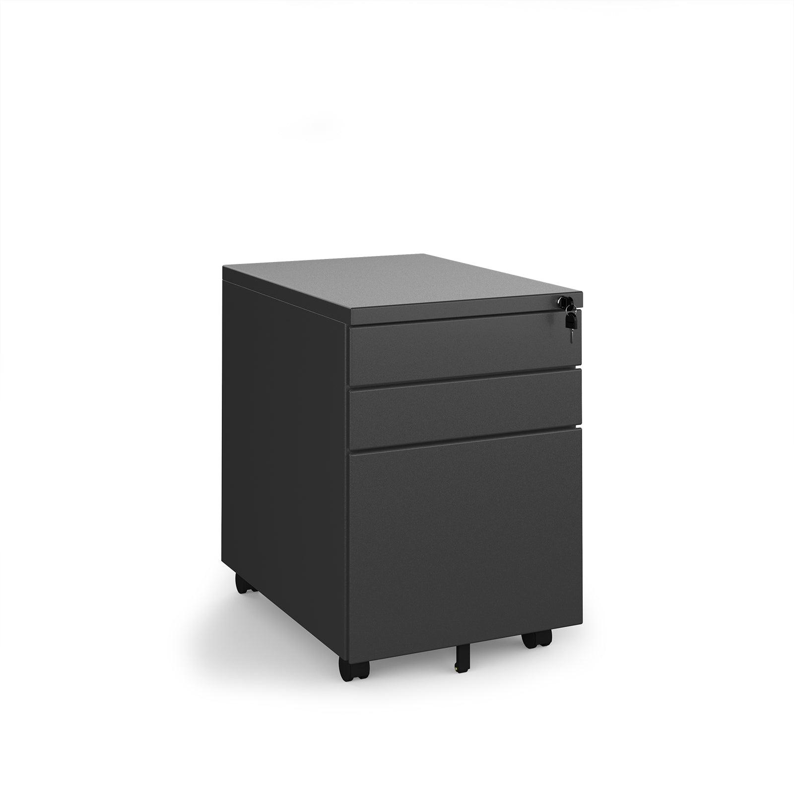 a black filing cabinet sitting on top of a white floor