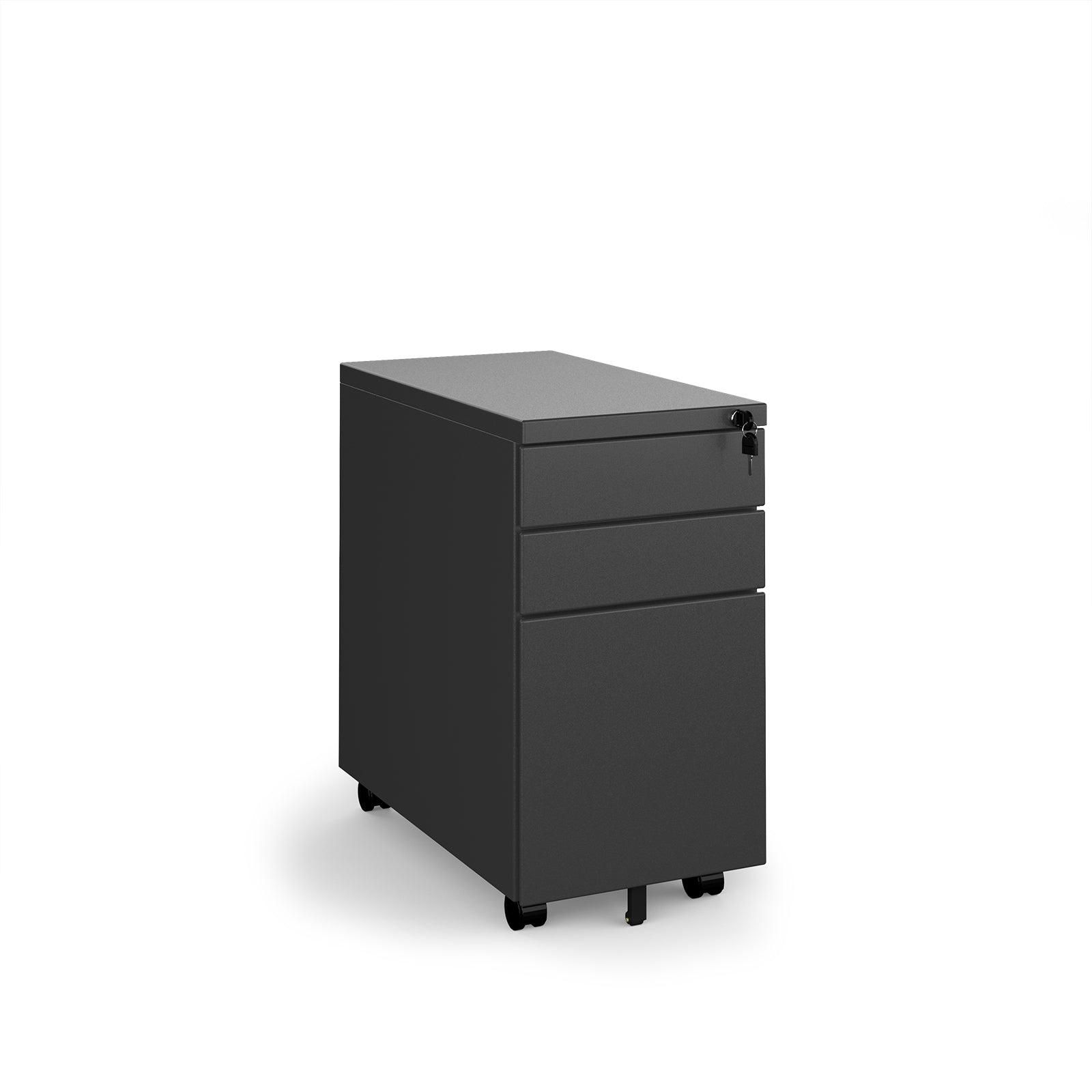 a black filing cabinet sitting on top of a white floor