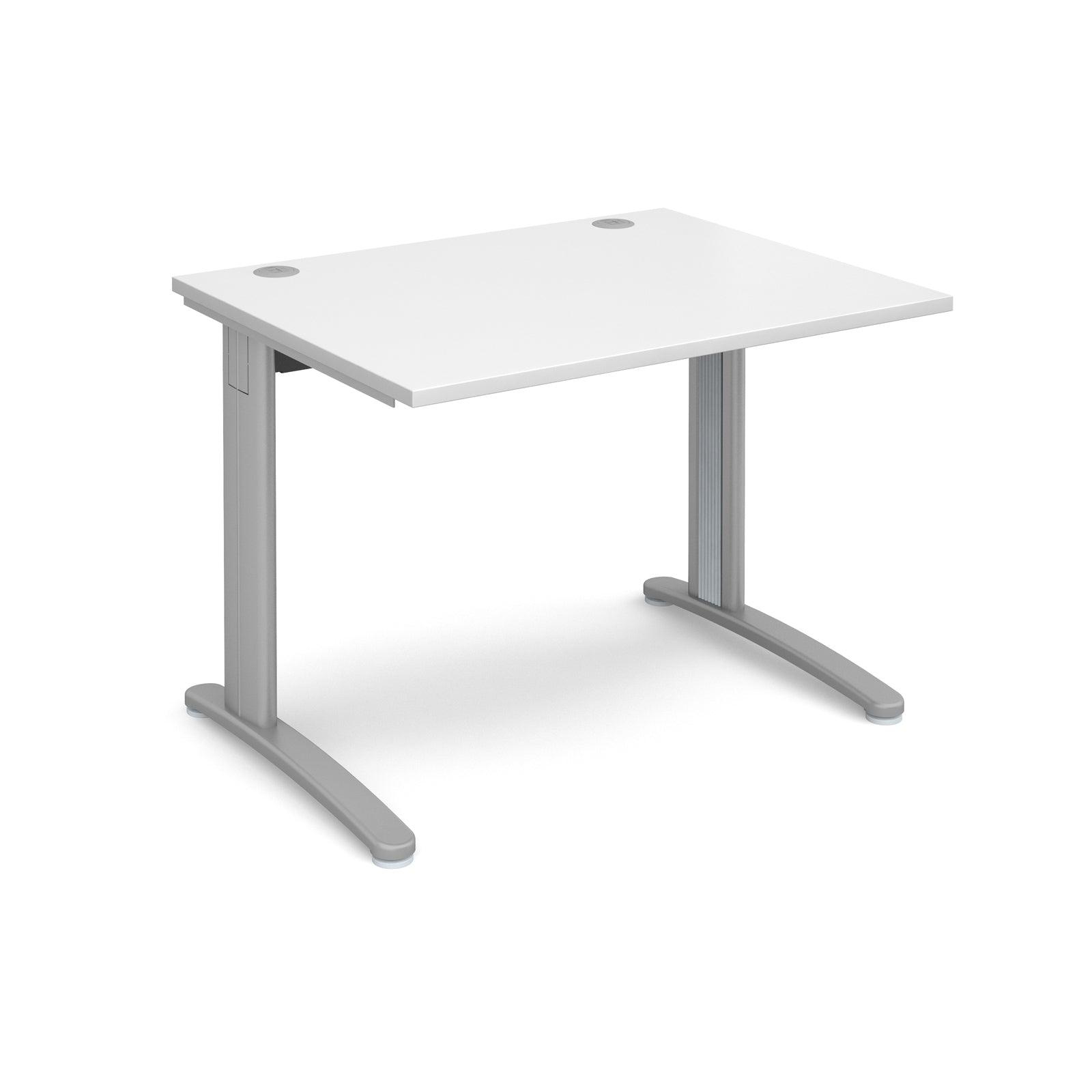 a desk with a white top and silver legs