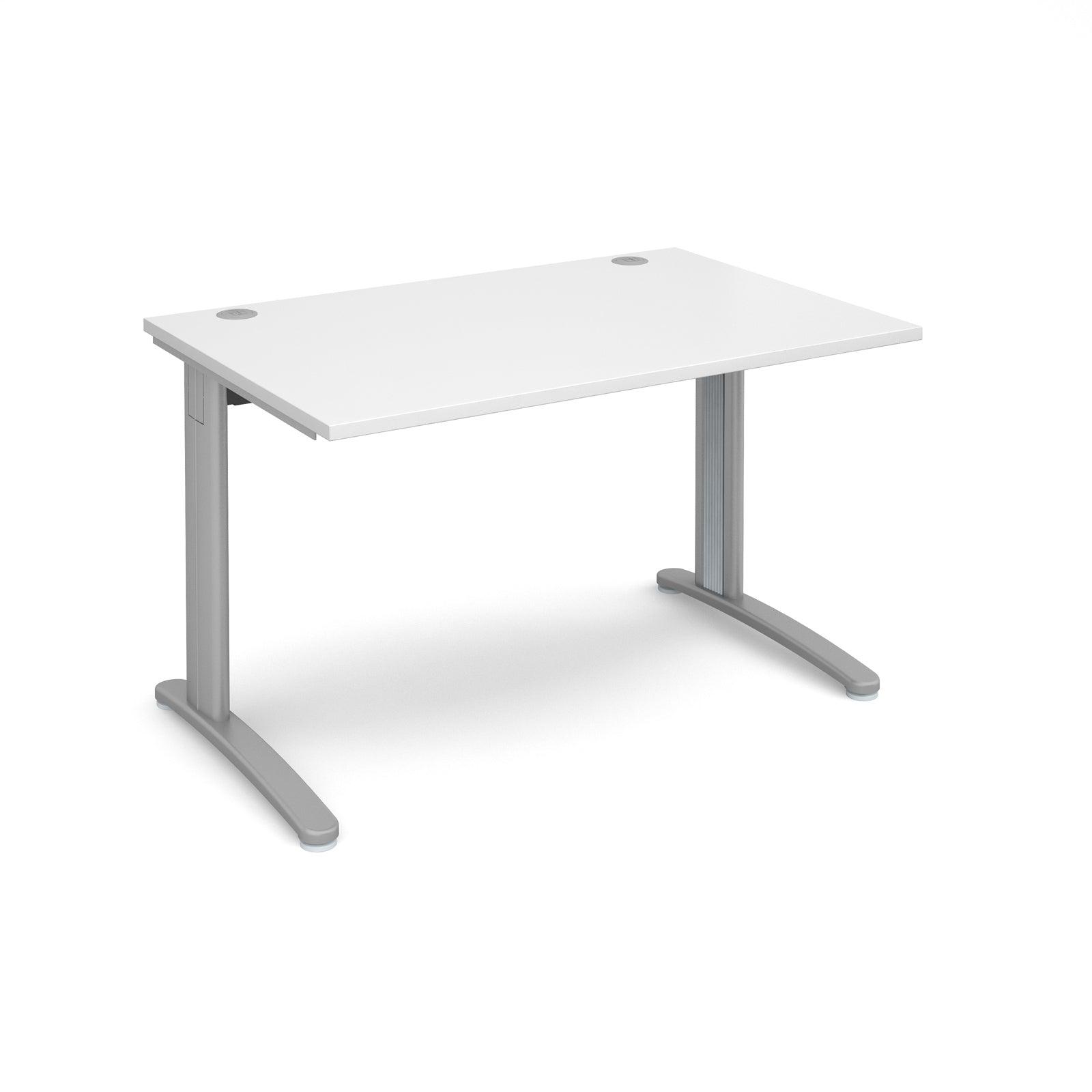 a desk with a white top and silver legs