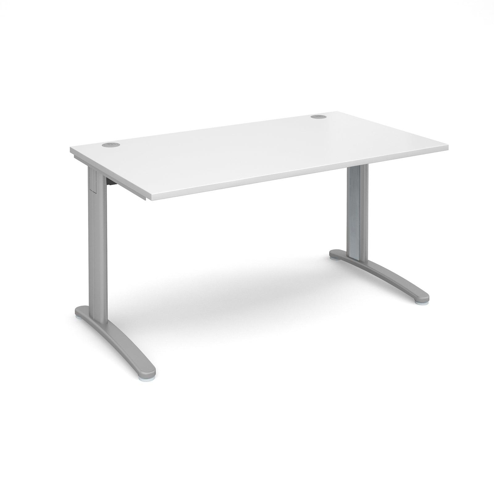 a desk with a white top and silver legs