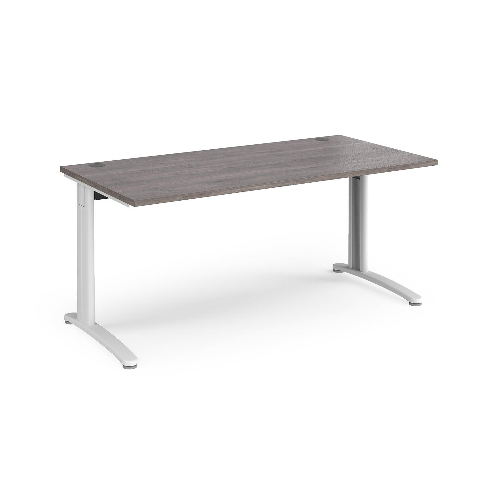 a desk with a white base and a gray top