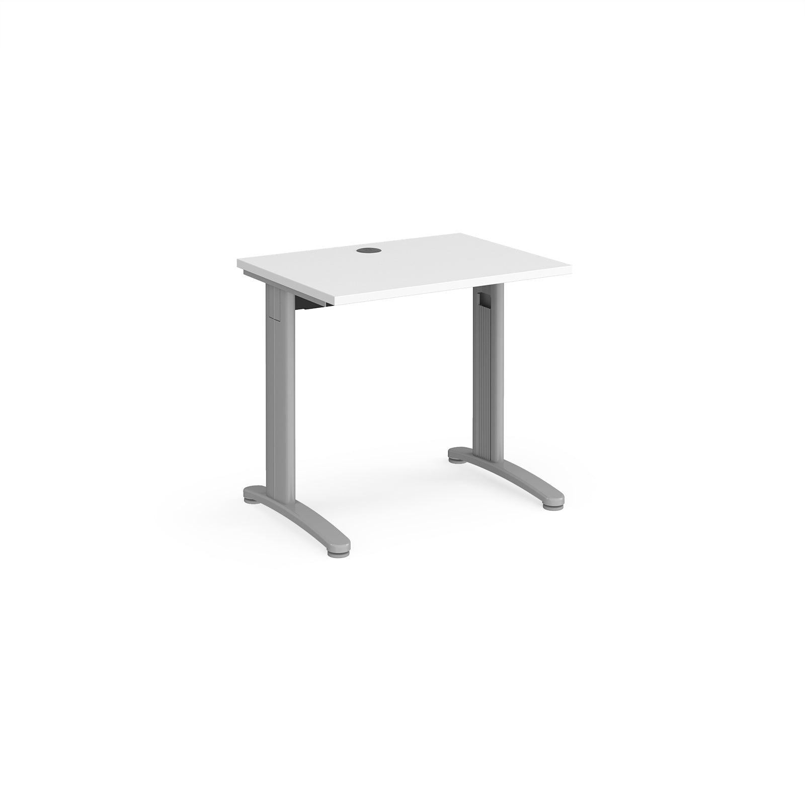 a desk with a white top and silver legs