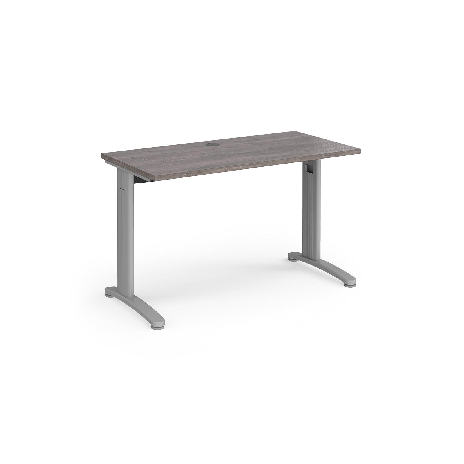 a gray desk with a wooden top and metal legs