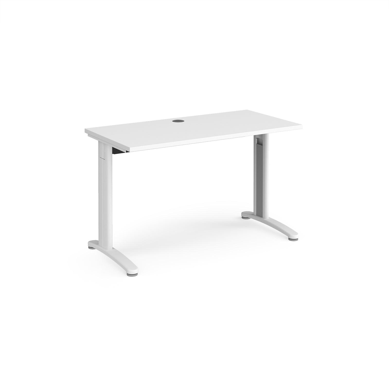 a desk with a white top and silver legs