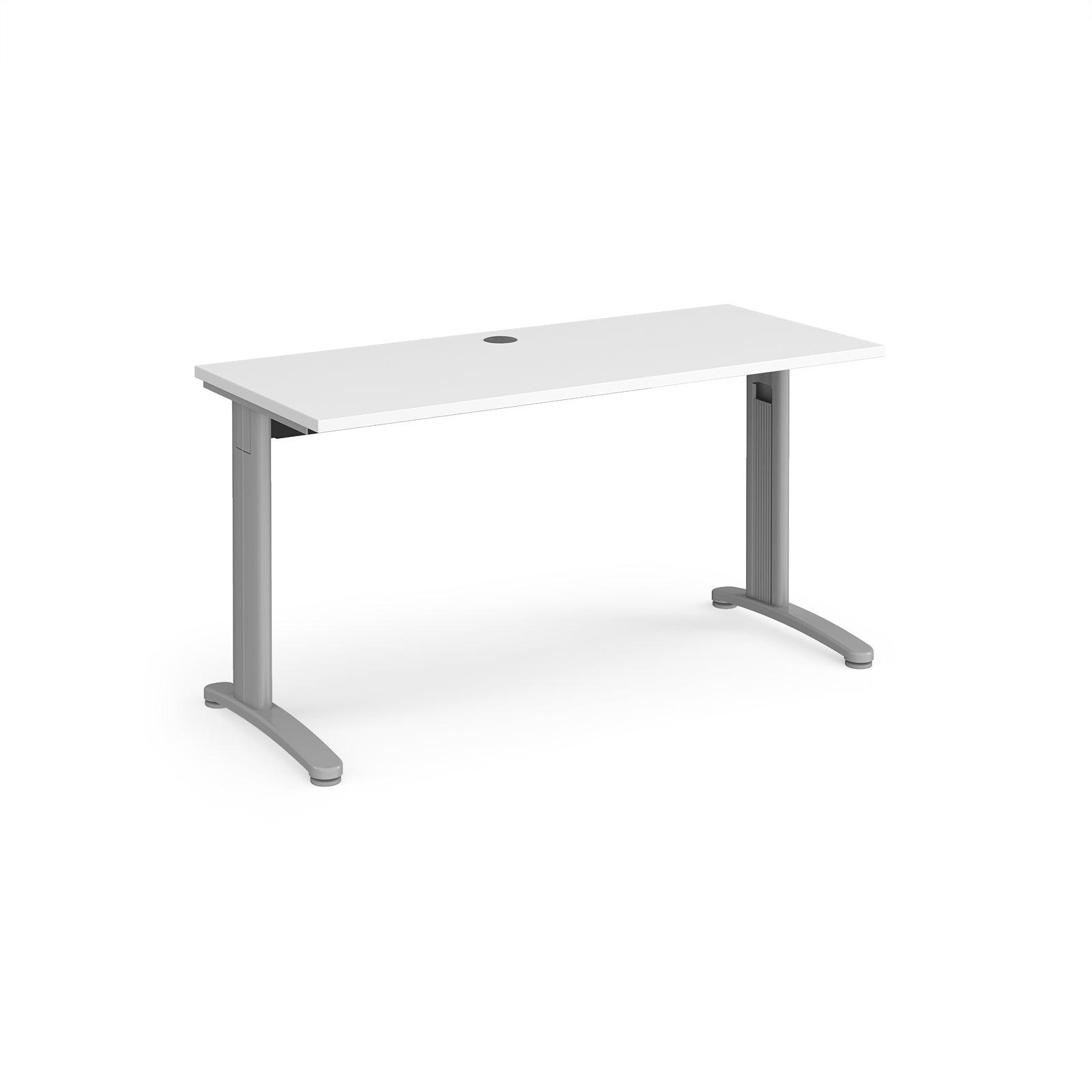 a white desk with a silver base