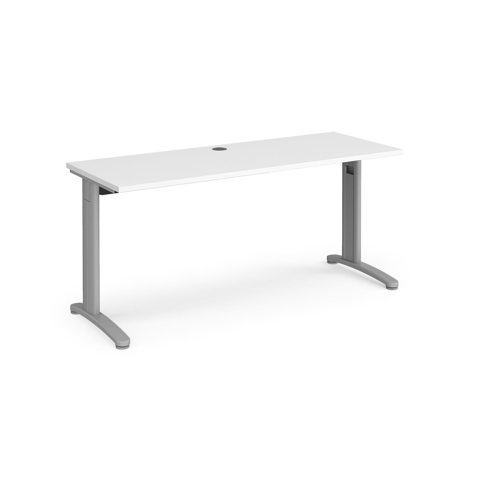 a white desk with a silver base