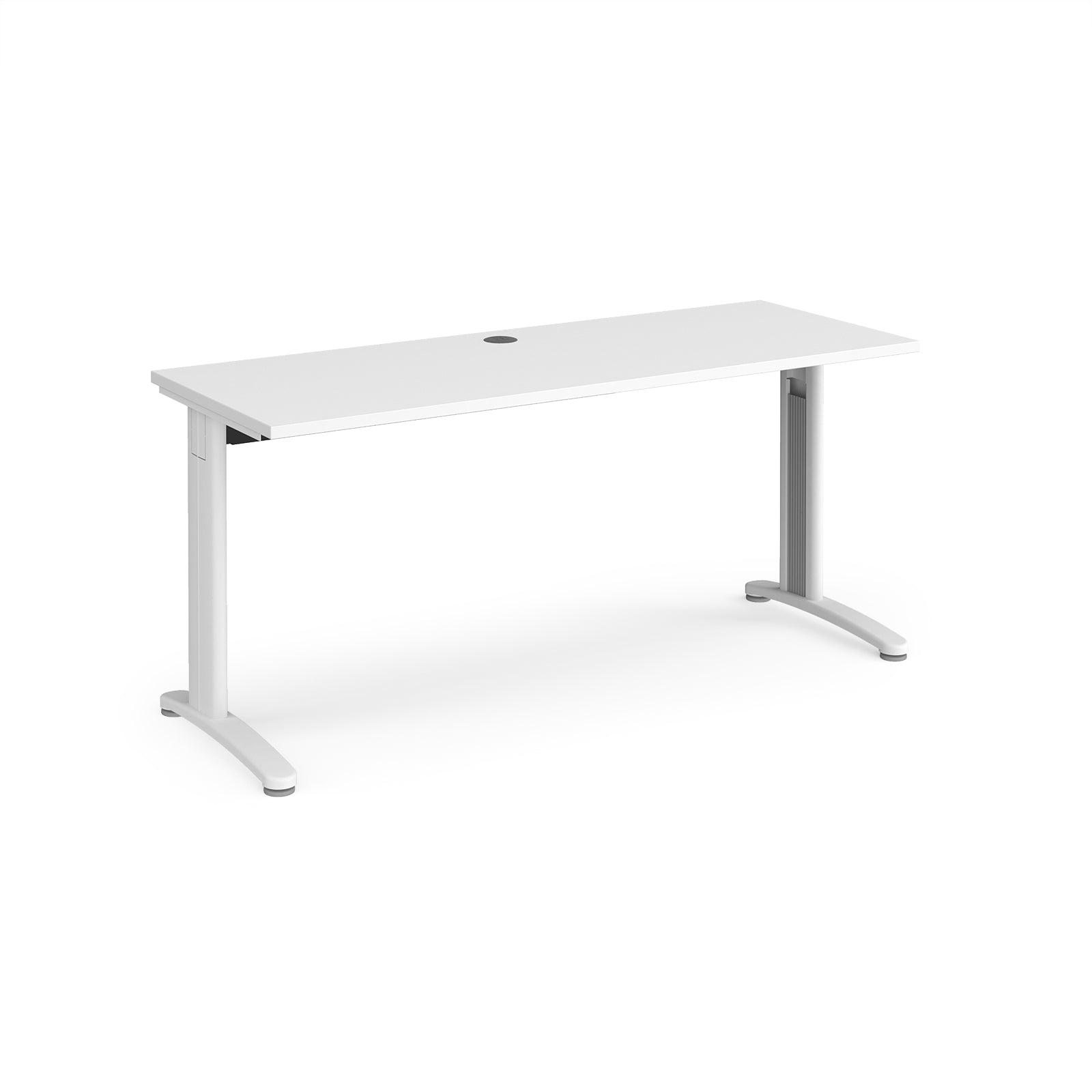 a white desk with a white top and silver legs